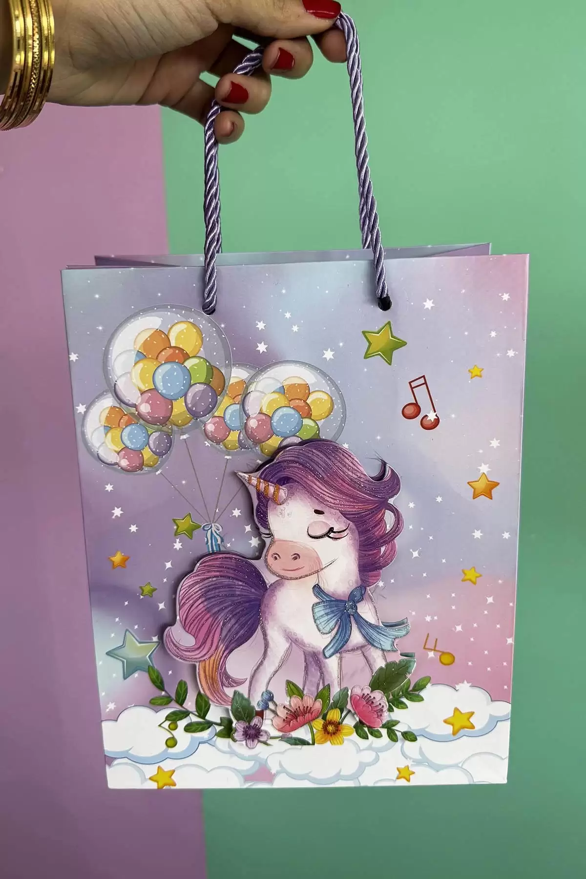 Lila Renk Unicorn Figürlü 3D Görünümlü Karton Çanta