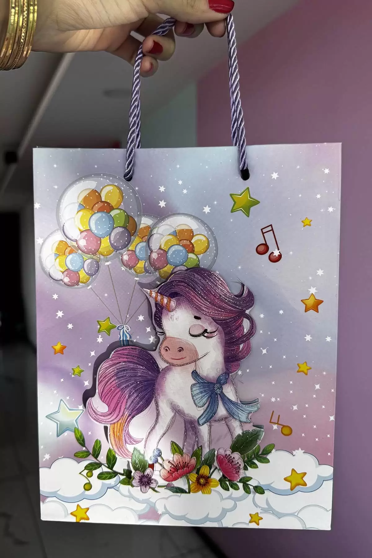 Lila Renk Unicorn Figürlü 3D Görünümlü Karton Çanta