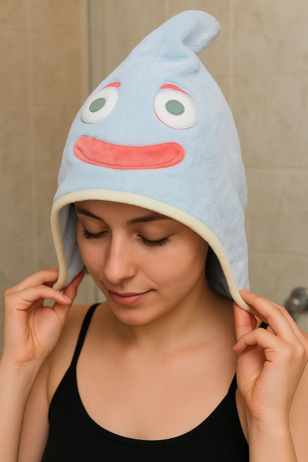 Mavi Renk Canavar Figürlü Saç Havlusu/ Bonesi Lastikli