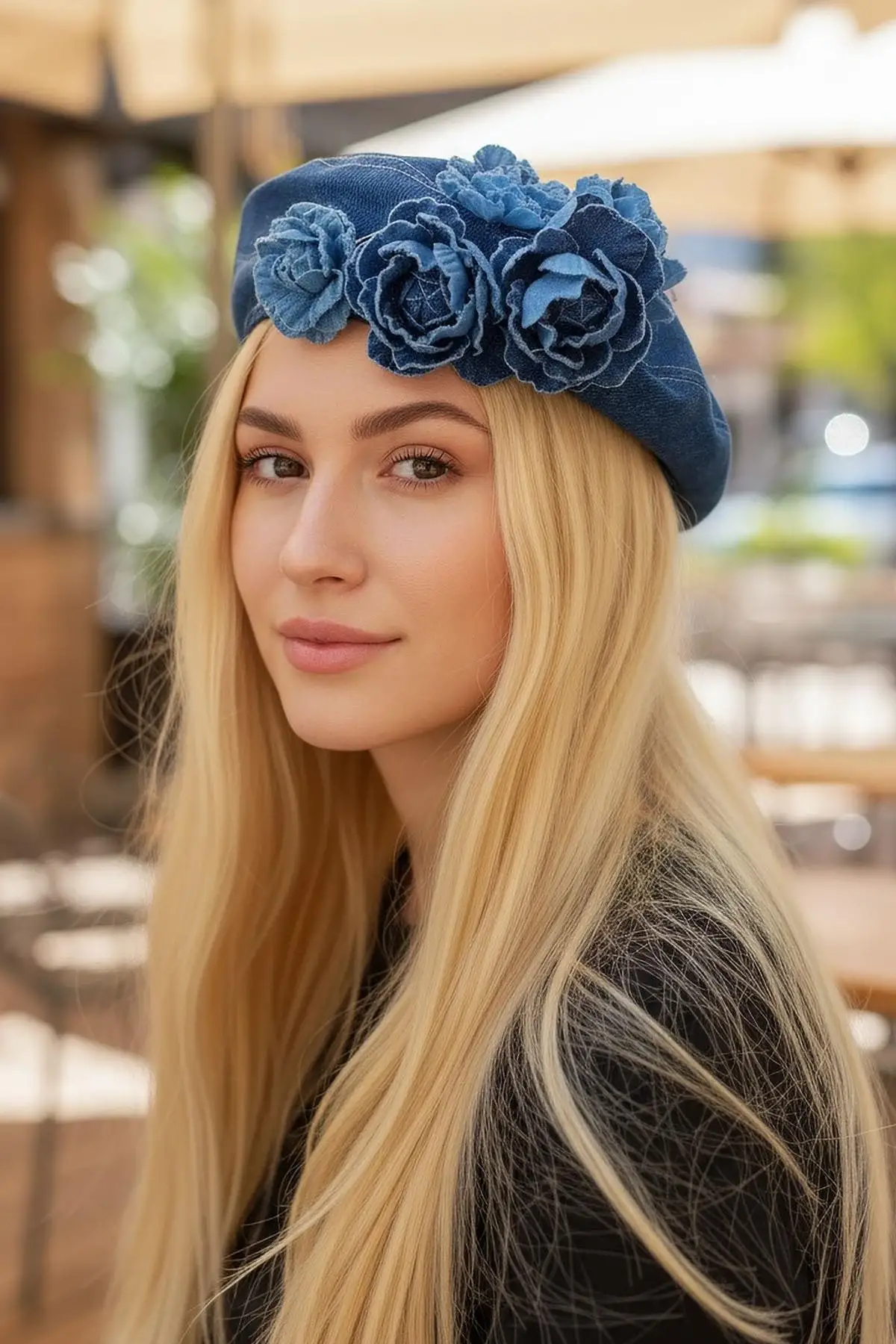 Mavi Renk Çiçek Figürlü Kot Tasarım Şapka