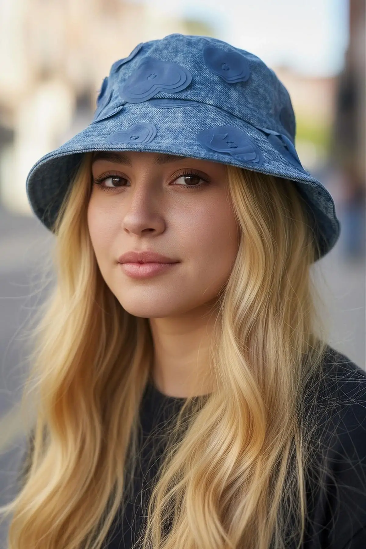 Mavi Renk Kalp Figürlü Tasarım Şapka