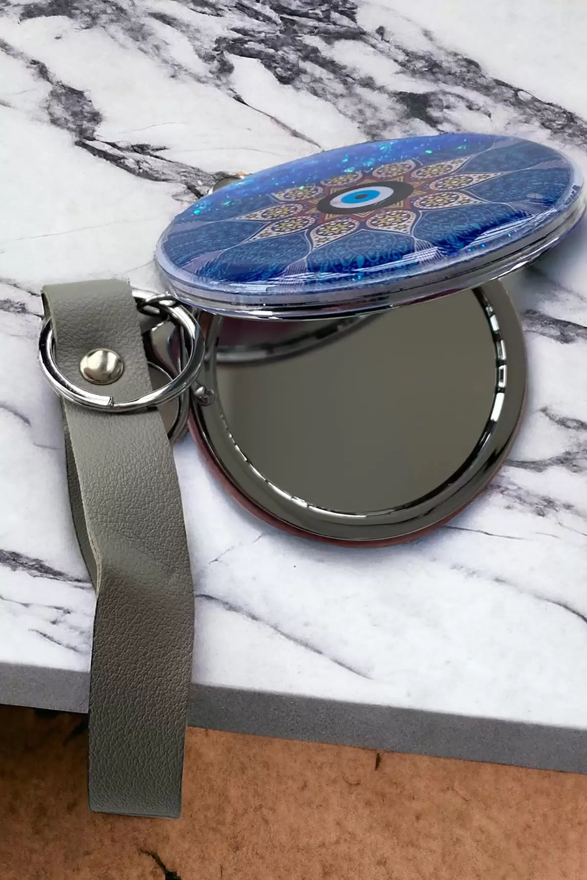 Mavi Renk Nazar Boncuk Figürlü Sim Detaylı Cep Aynası/ Anahtarlık