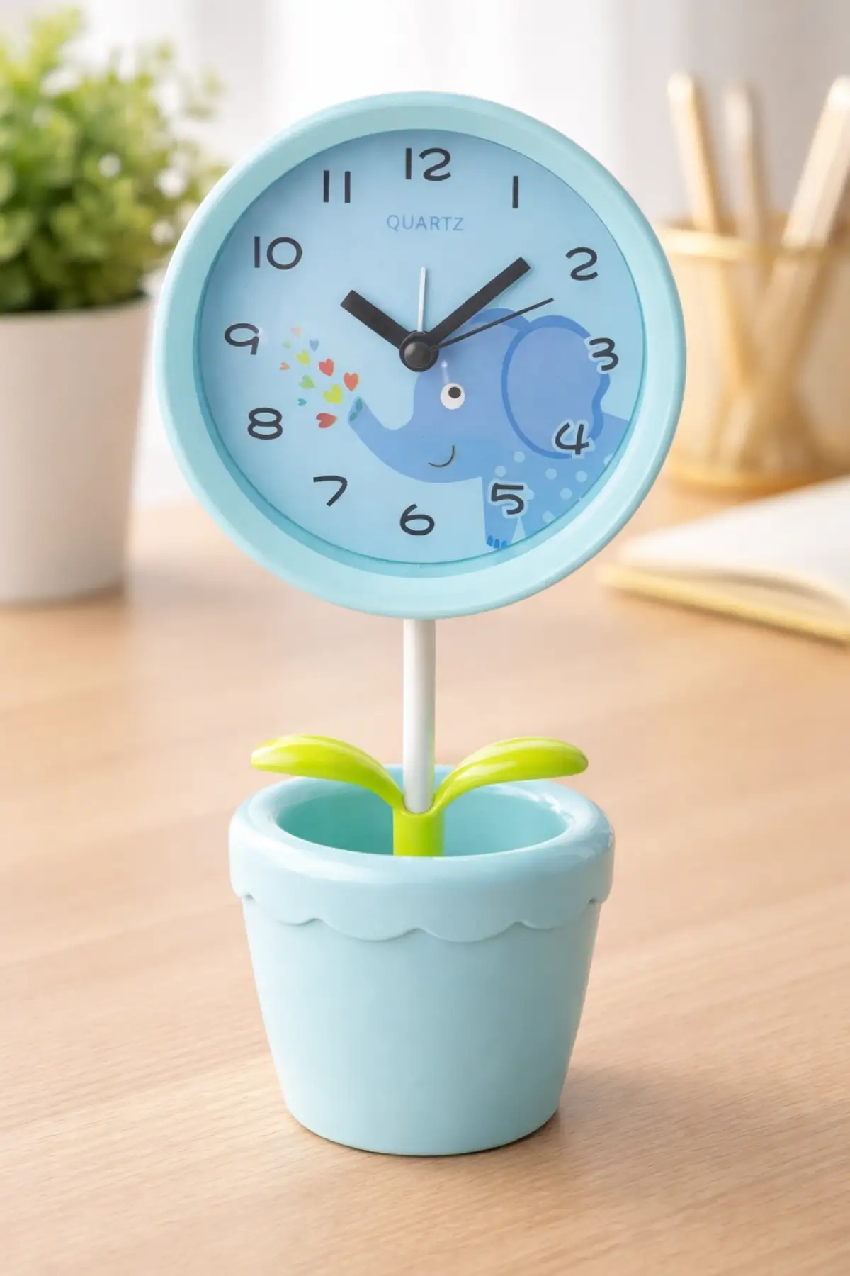 Mavi Renk Saksı Figürlü Alarmlı Masa Saati