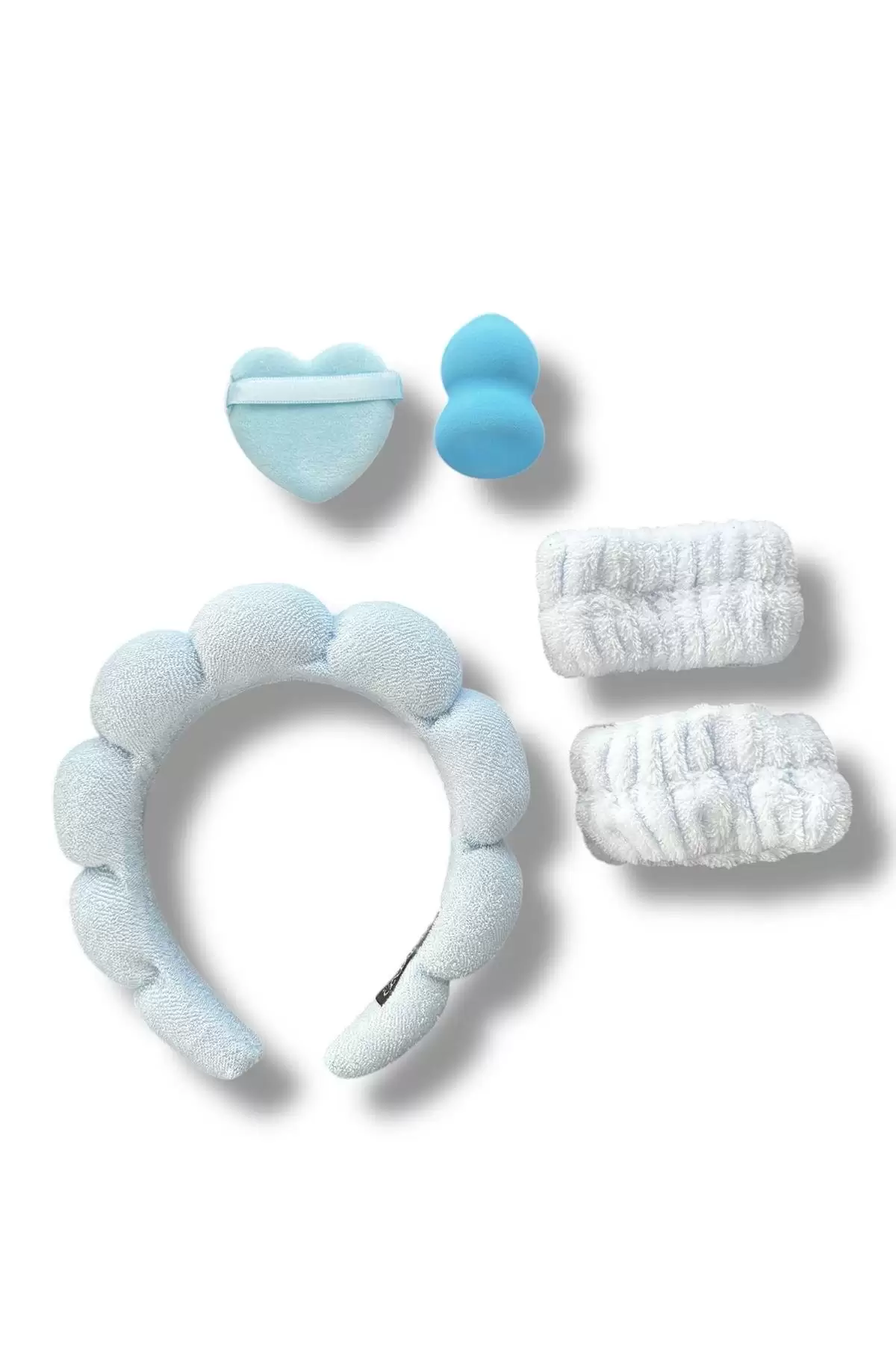 Mavi Renk Spa Taç/ Makyaj Süngeri/ Pudra Süngeri/ Su Emici Havlu Bileklik Set