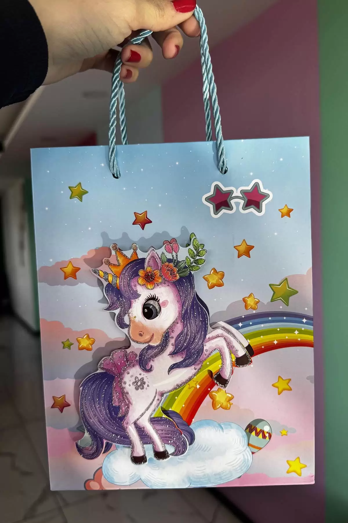 Mavi Renk Unicorn Figürlü 3D Görünümlü Karton Çanta