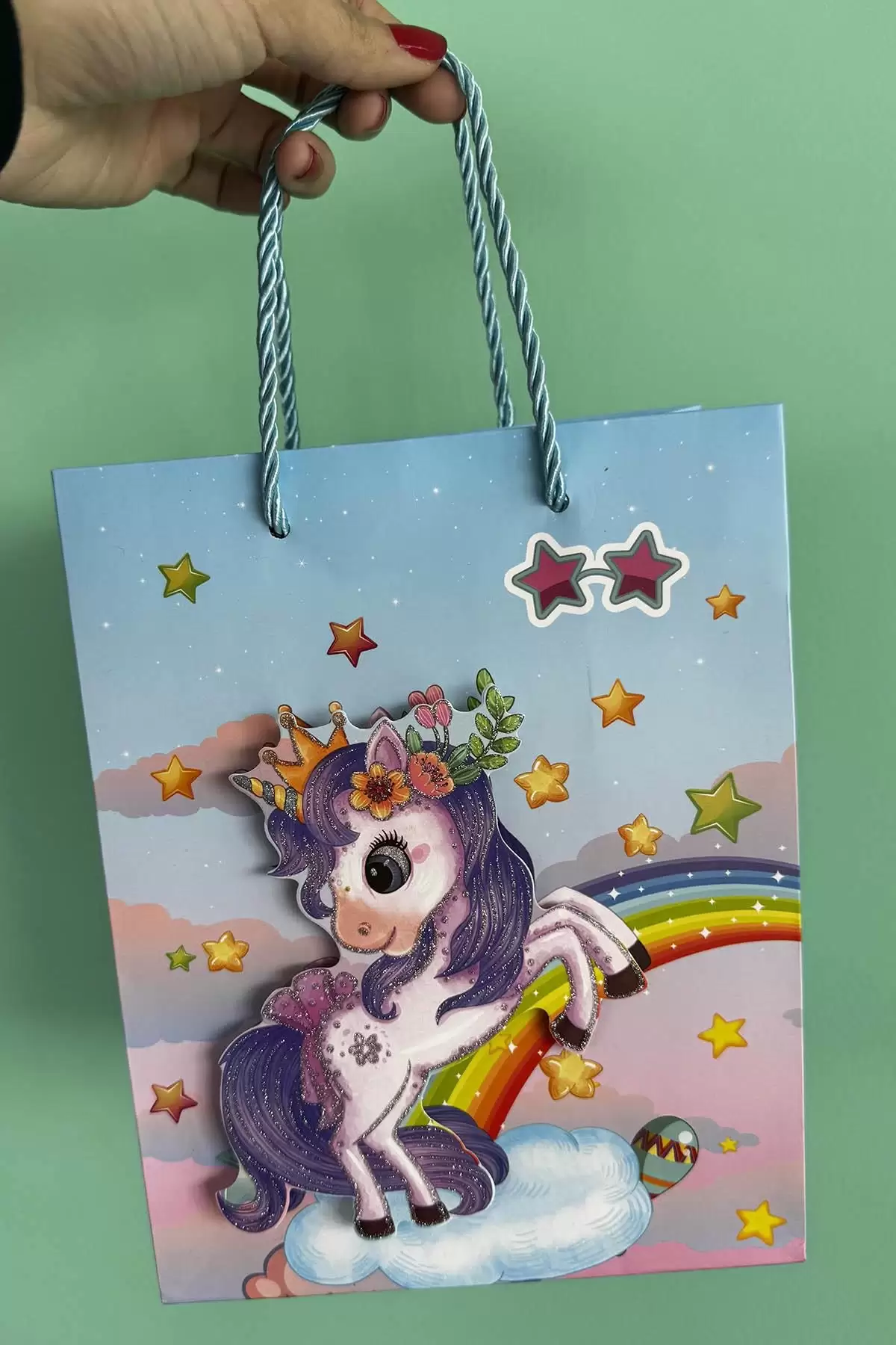 Mavi Renk Unicorn Figürlü 3D Görünümlü Karton Çanta