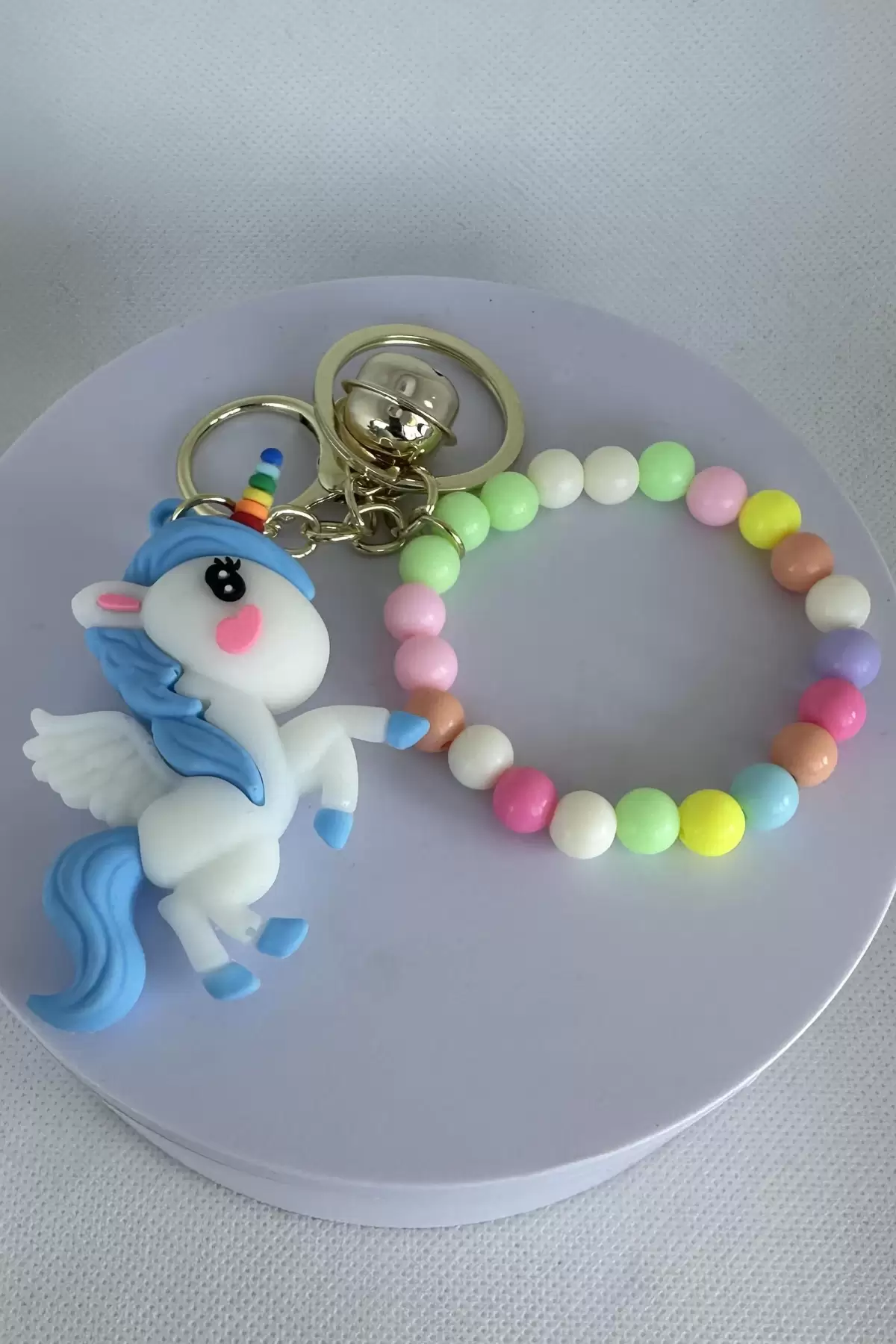 Mavi Renk Unicorn Figürlü Boncuk Detaylı Anahtarlık