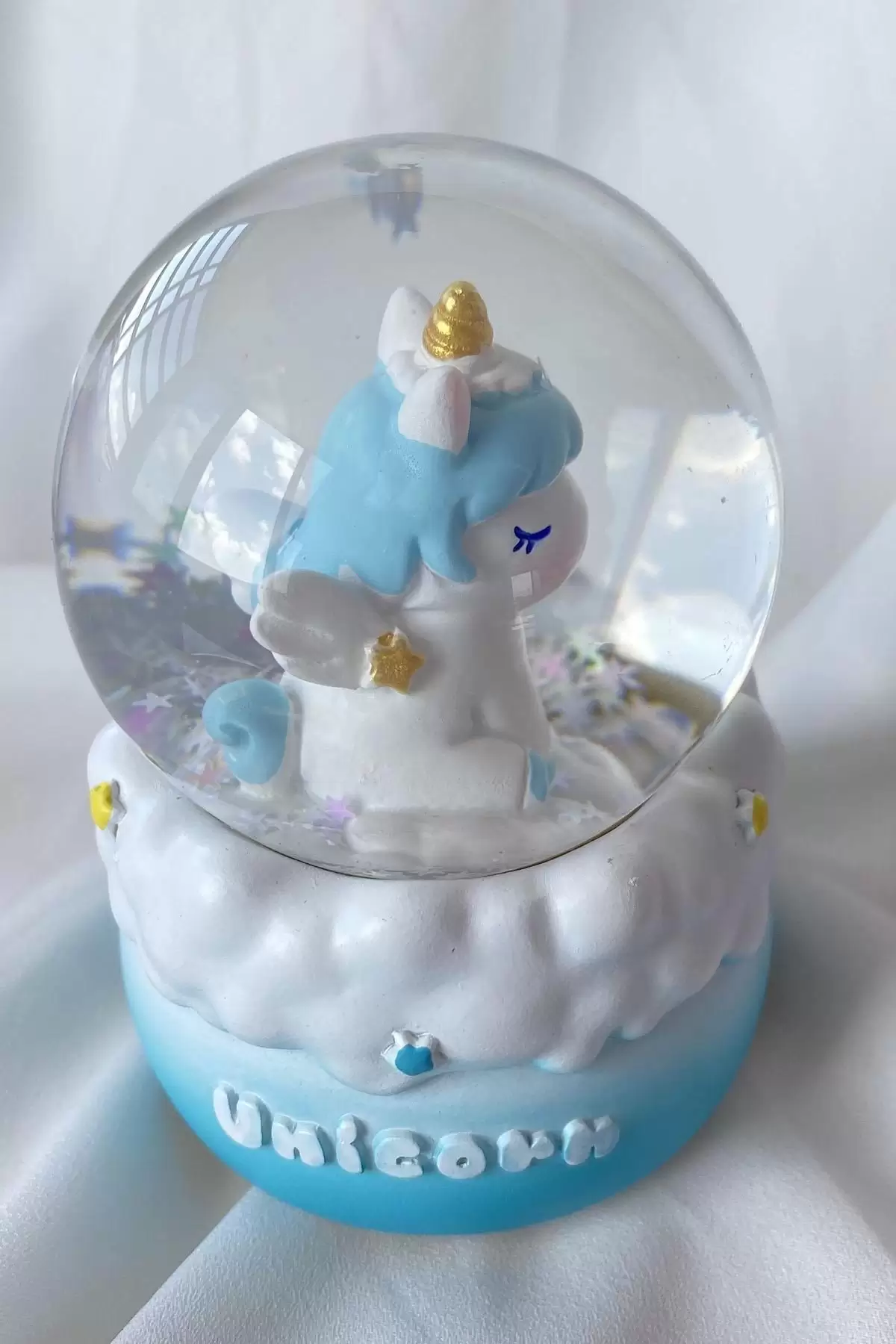 Mavi Renk Unicorn Figürlü Mini Boy Işıklı Kar Küresi