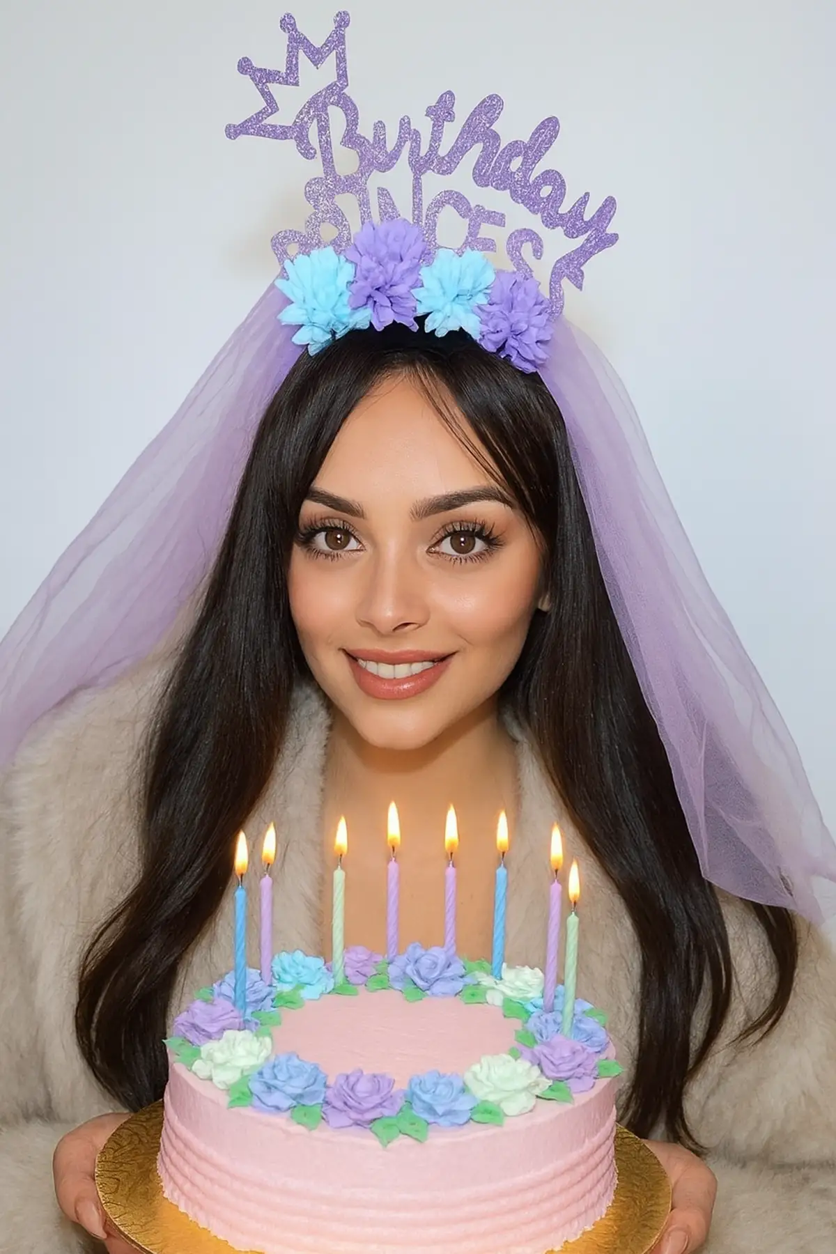Mor Renk Birthday Princess Yazılı Çiçek Figürlü Duvak Detaylı Taç