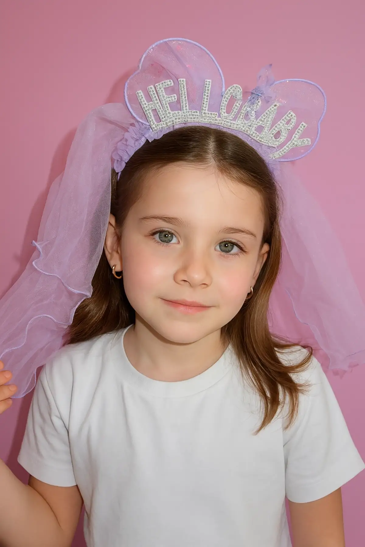 Mor Renk Hello Baby Yazılı Tül Detaylı Taç