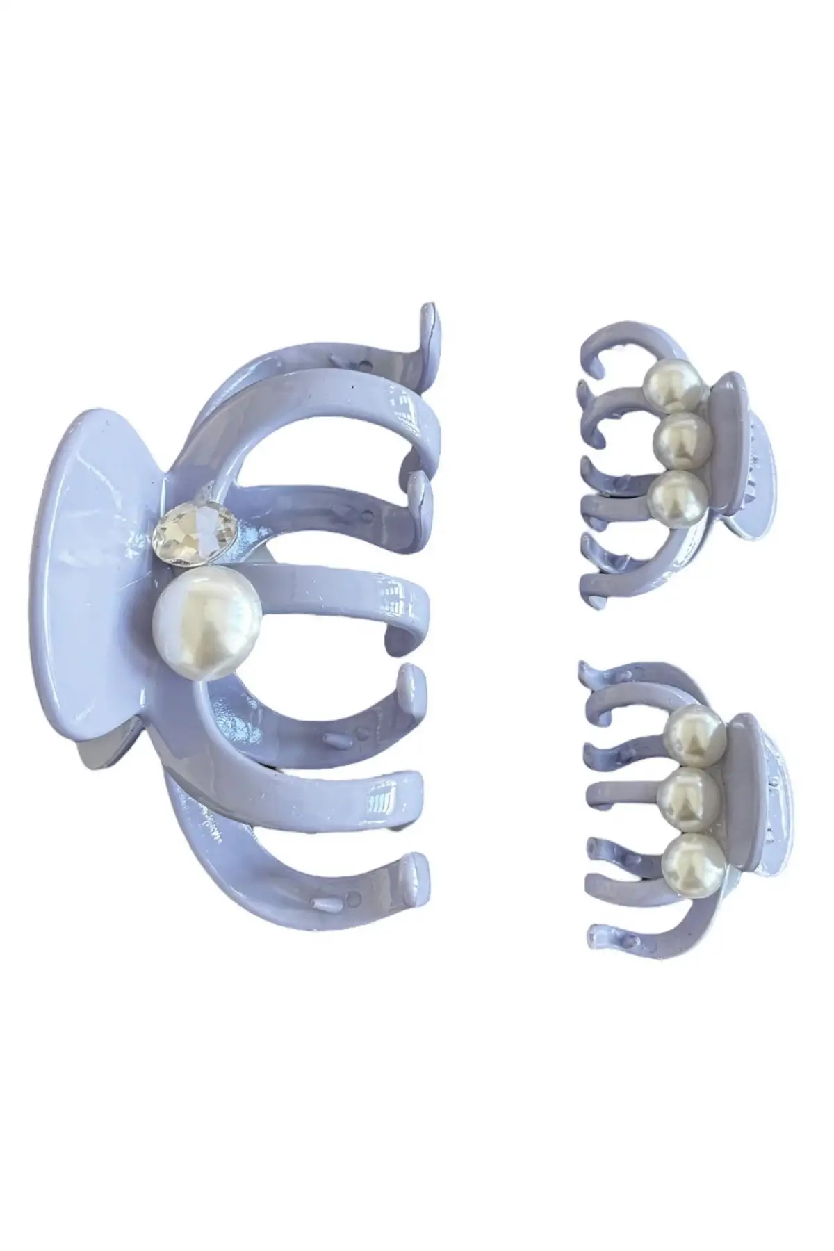 Mor Renk İnci Detaylı 3lü Kemik Mandal Toka Set