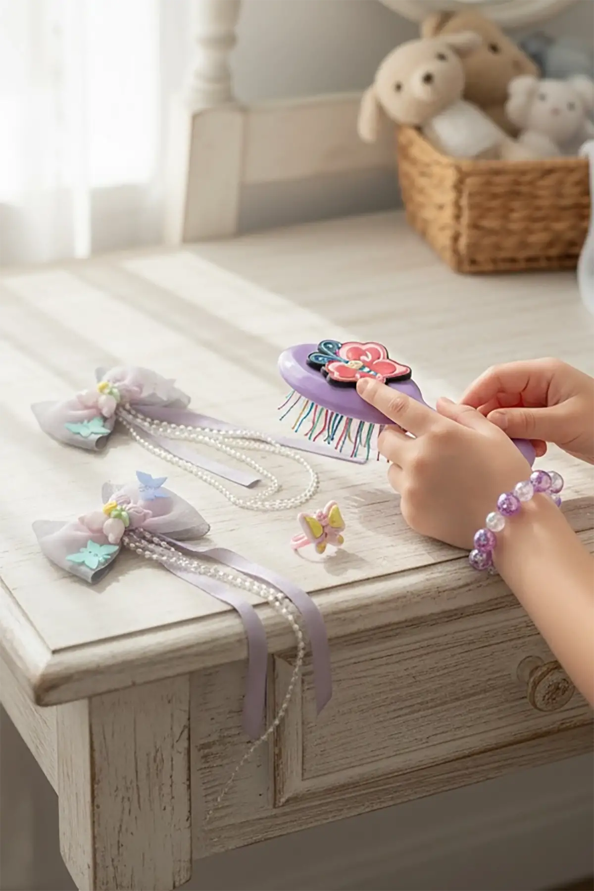 Mor Renk Kelebek Figürlü Tarak /Bileklik /Yüzük Ve Toka Set