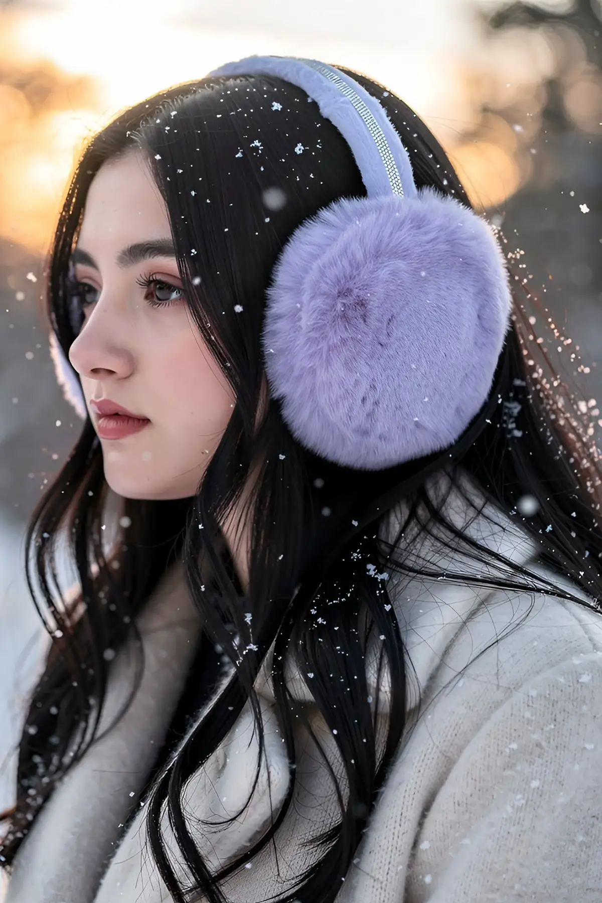 Mor Renk Taş Detaylı Peluş Kulaklık