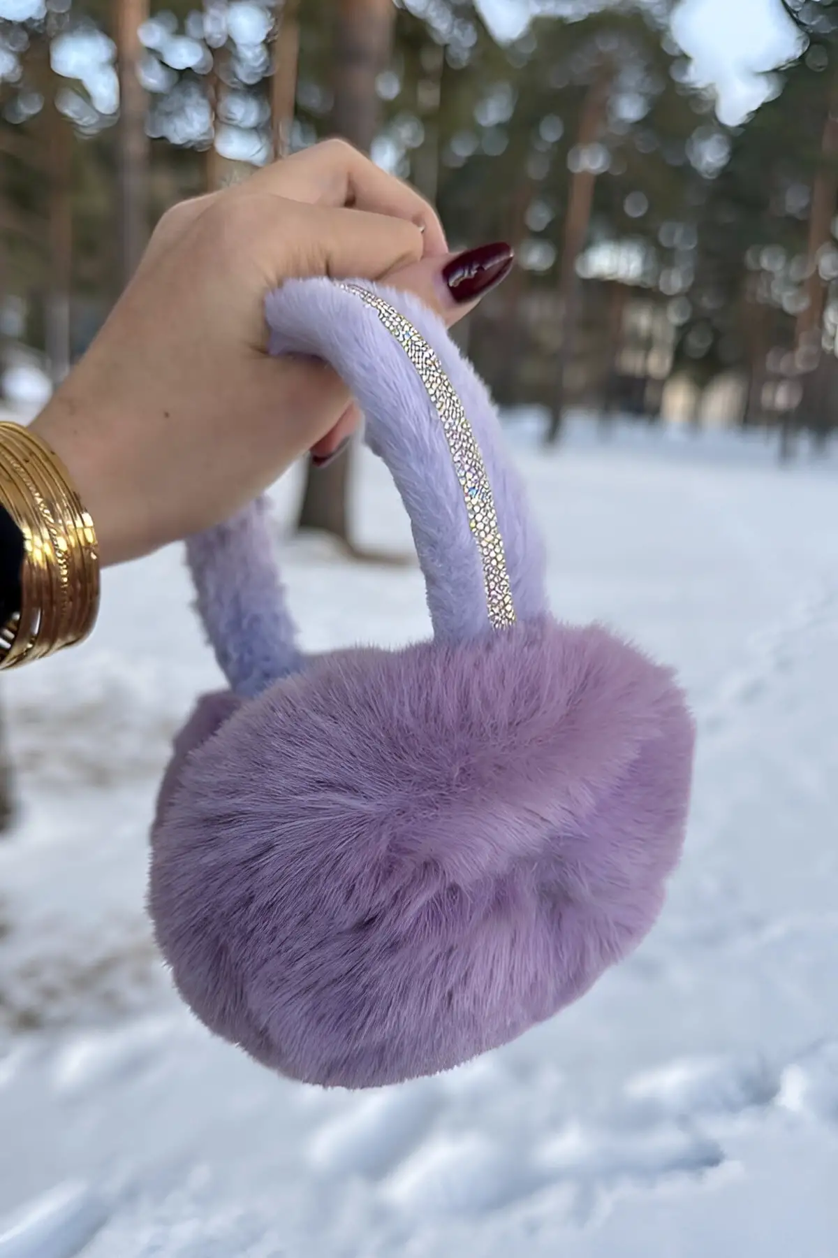 Mor Renk Taş Detaylı Peluş Kulaklık