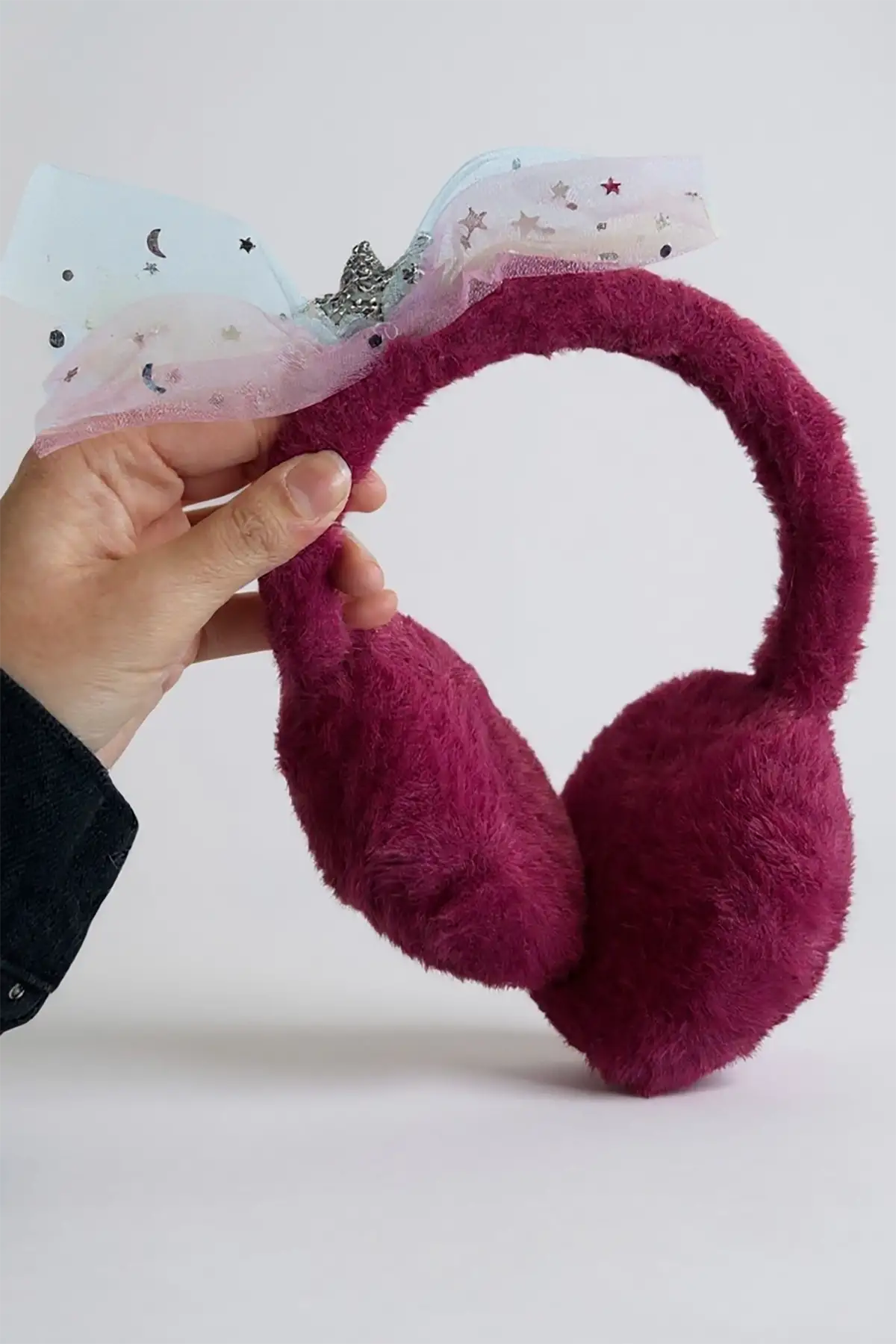 Mürdüm Renk Kurdele Figürlü Peluş Kulaklık