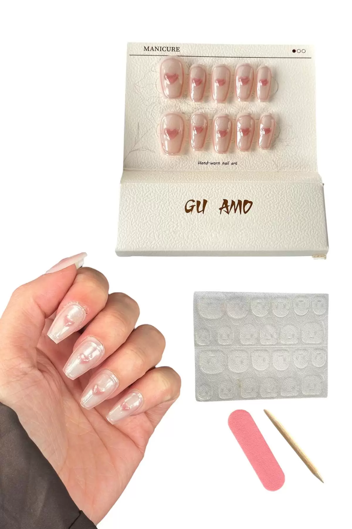 Pembe Renk 10lu Kalp Figürlü Jel Görünümlü Takma Tırnak Set (Yapıştırıcılı)