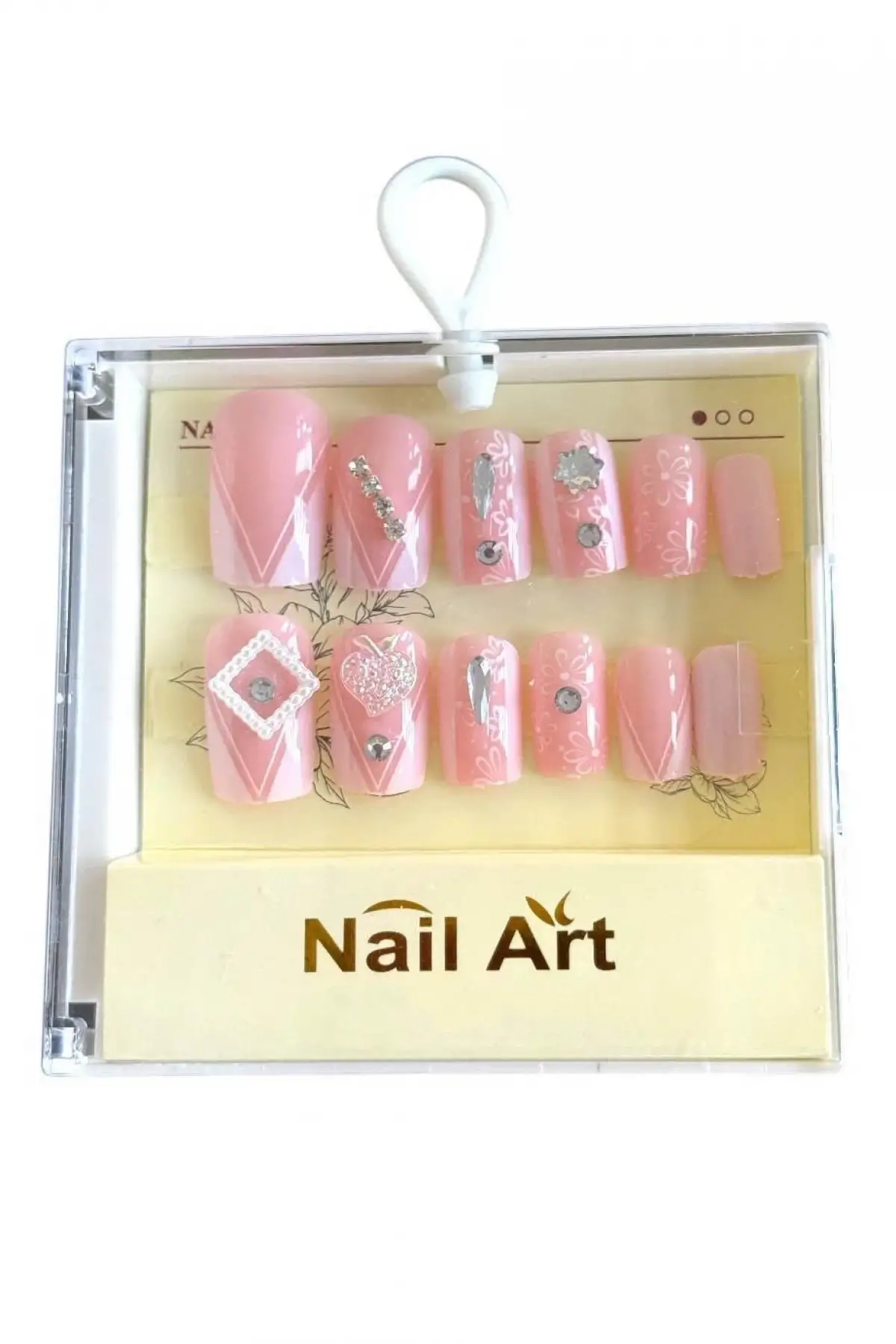 Pembe Renk 12li Taş Detaylı Takma Tırnak Set (Yapıştırıcılı)