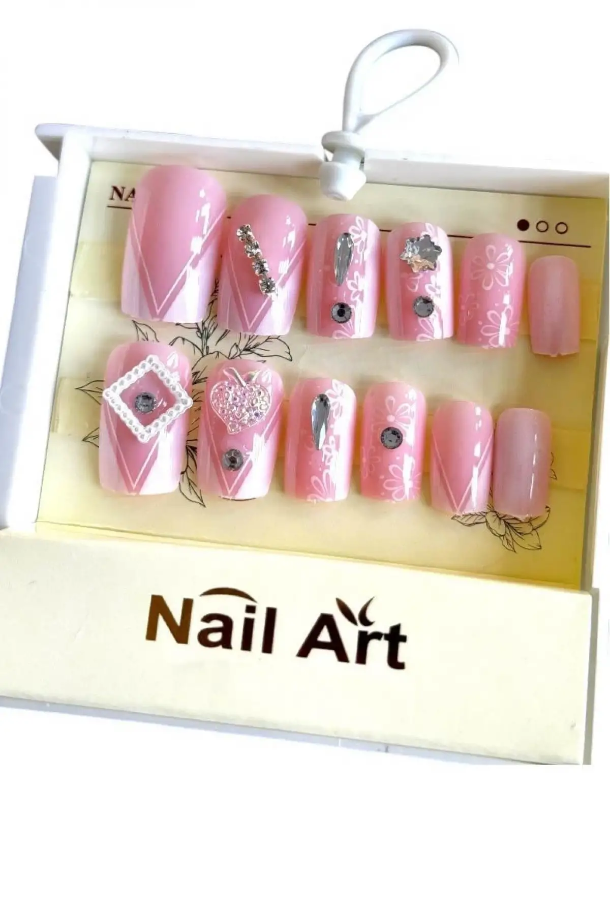 Pembe Renk 12li Taş Detaylı Takma Tırnak Set (Yapıştırıcılı)