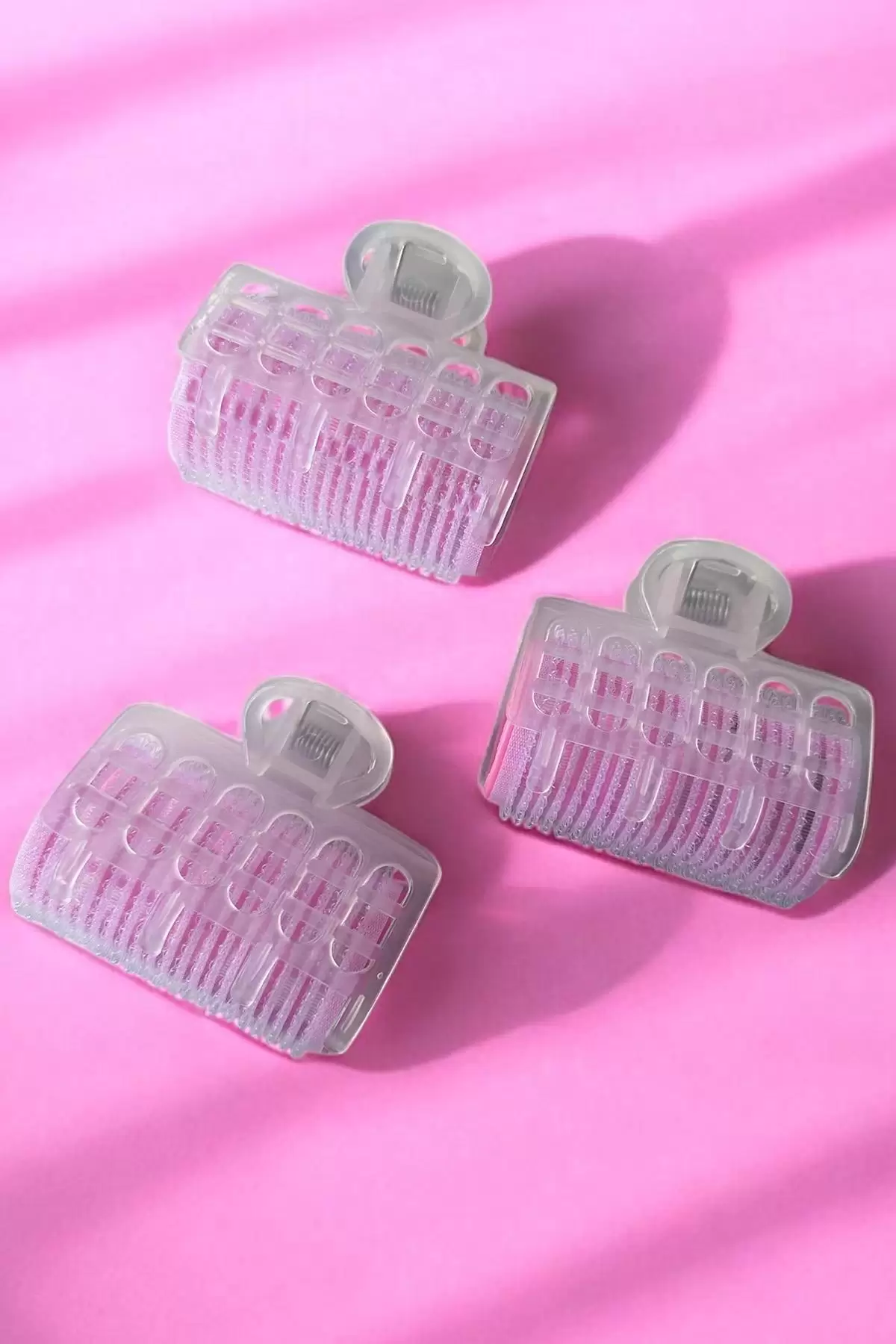 Pembe Renk 3lü Bigudi Cırtlı Mandal Tokalı/ Yapışkanlı Saç Bigudisi
