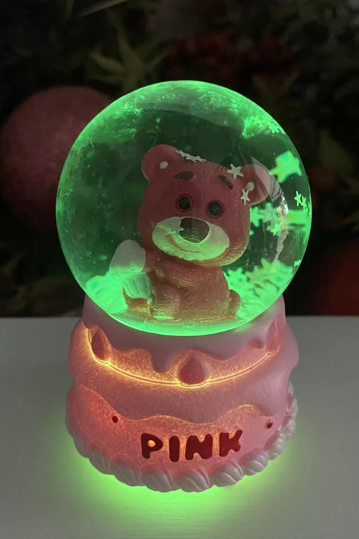 Pembe Renk Ayıcık Figürlü Mini Boy Işıklı Kar Küresi