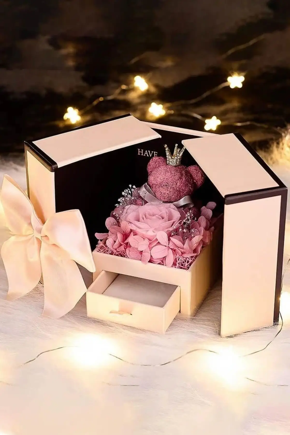 Pembe Renk Ayıcık Figürlü Takı Organizerli Hediye Kutusu