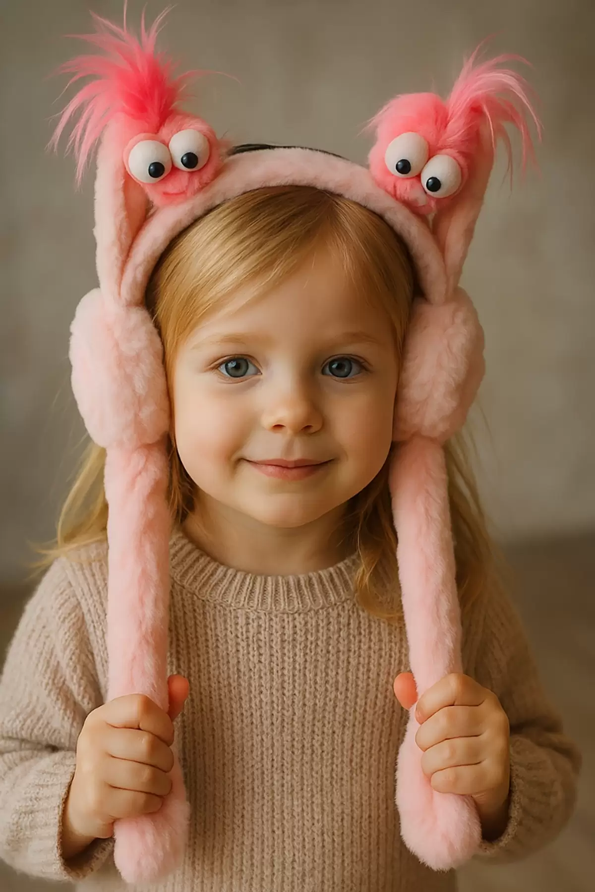 Pembe Renk Canavar Figürlü Kulakları Oynayan Peluş Kulaklık