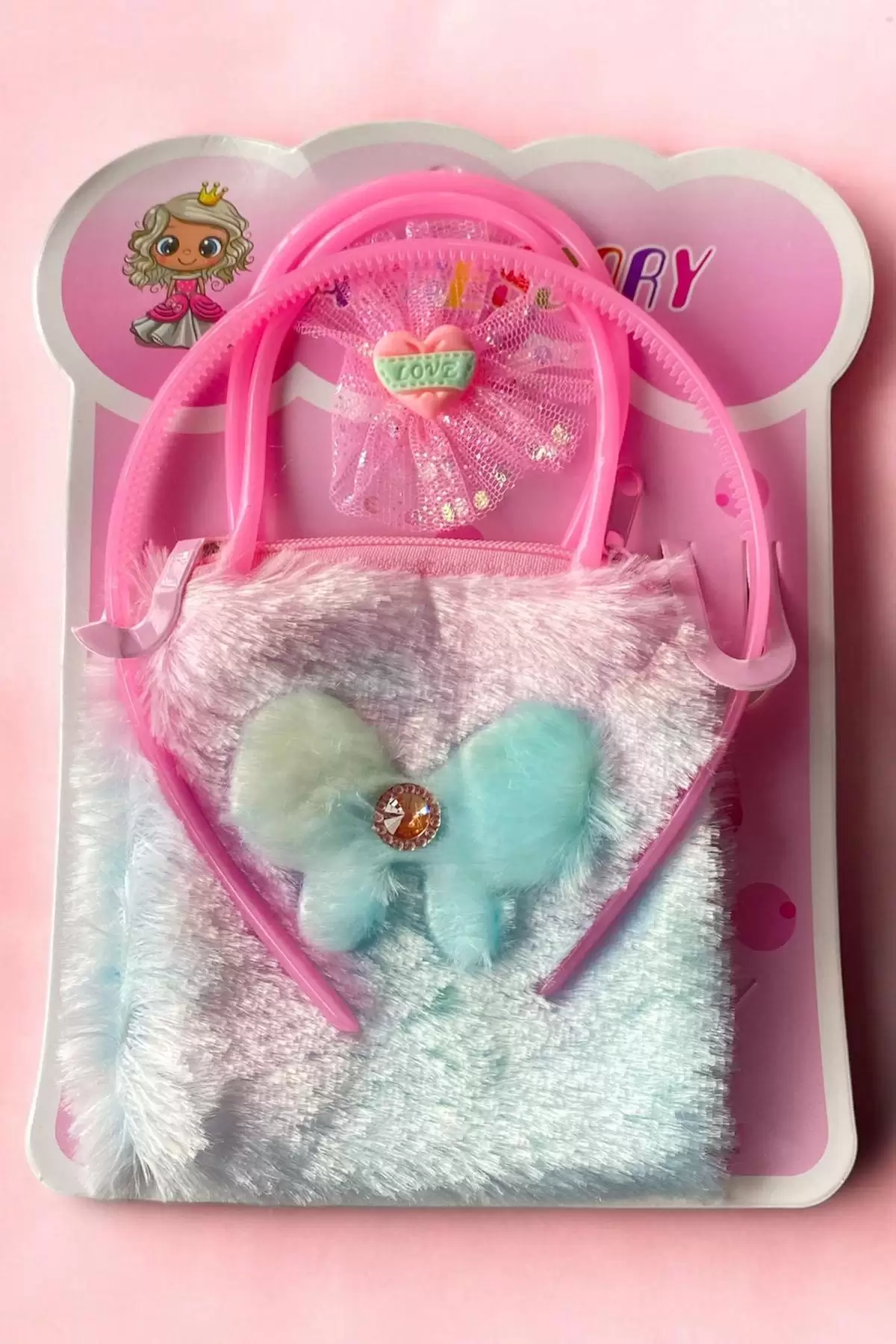 Pembe Renk Çanta/Taç/Havlu Toka Set