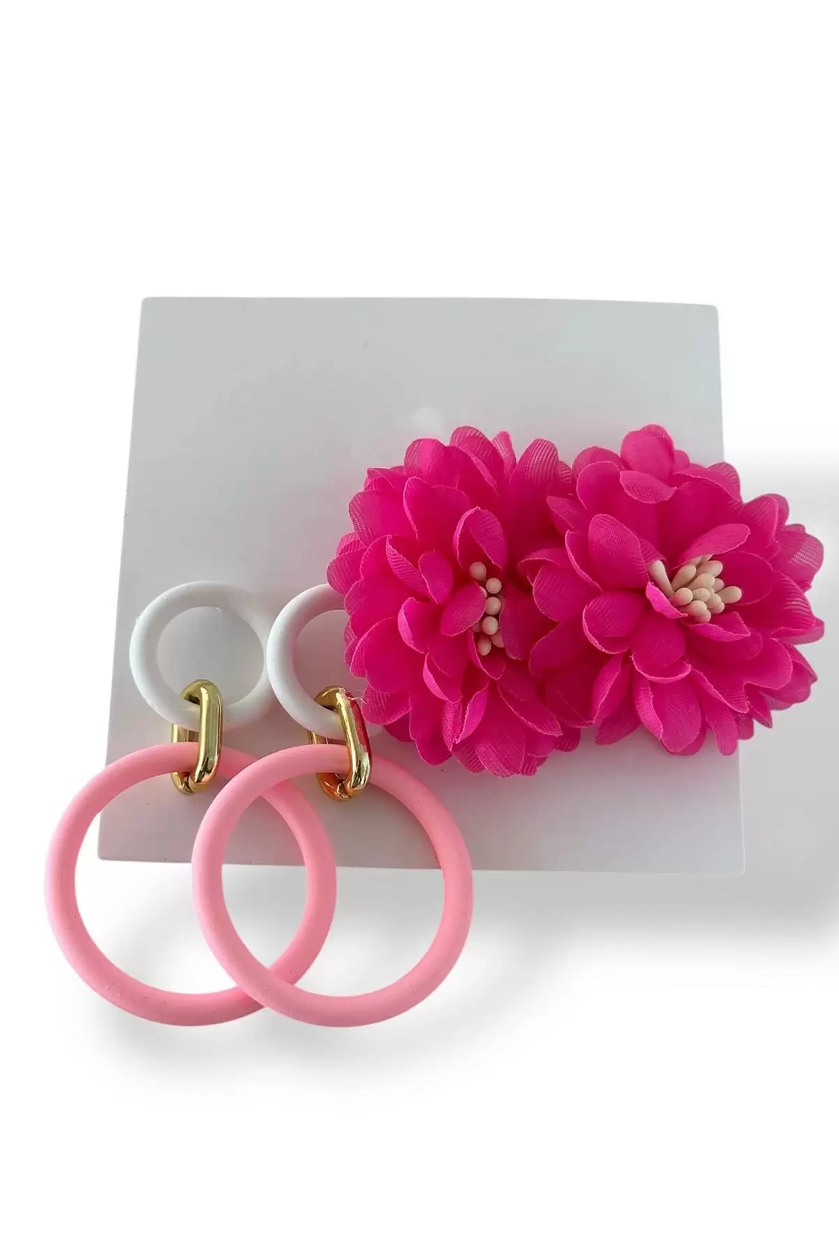 Pembe Renk Çiçek Figürlü Küpe Set