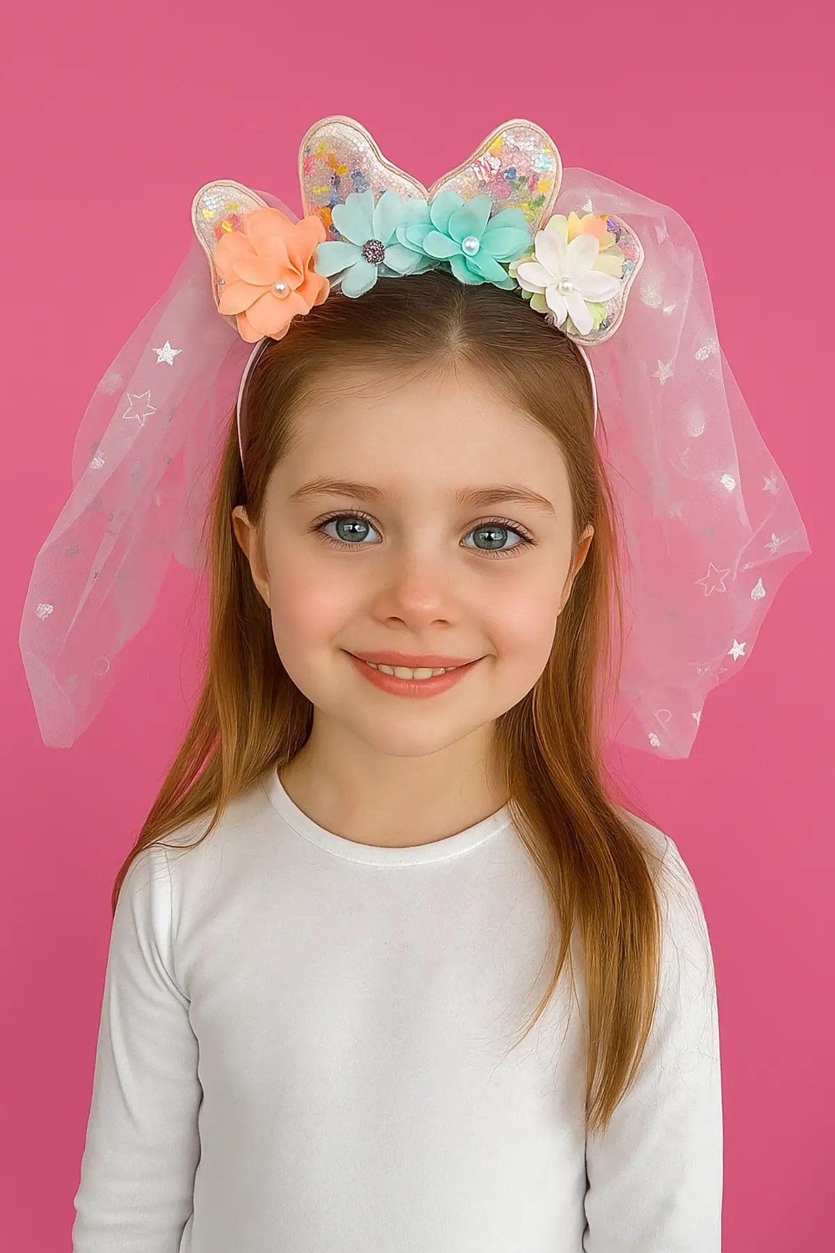 Pembe Renk Çiçek Figürlü Tül Detaylı Taç