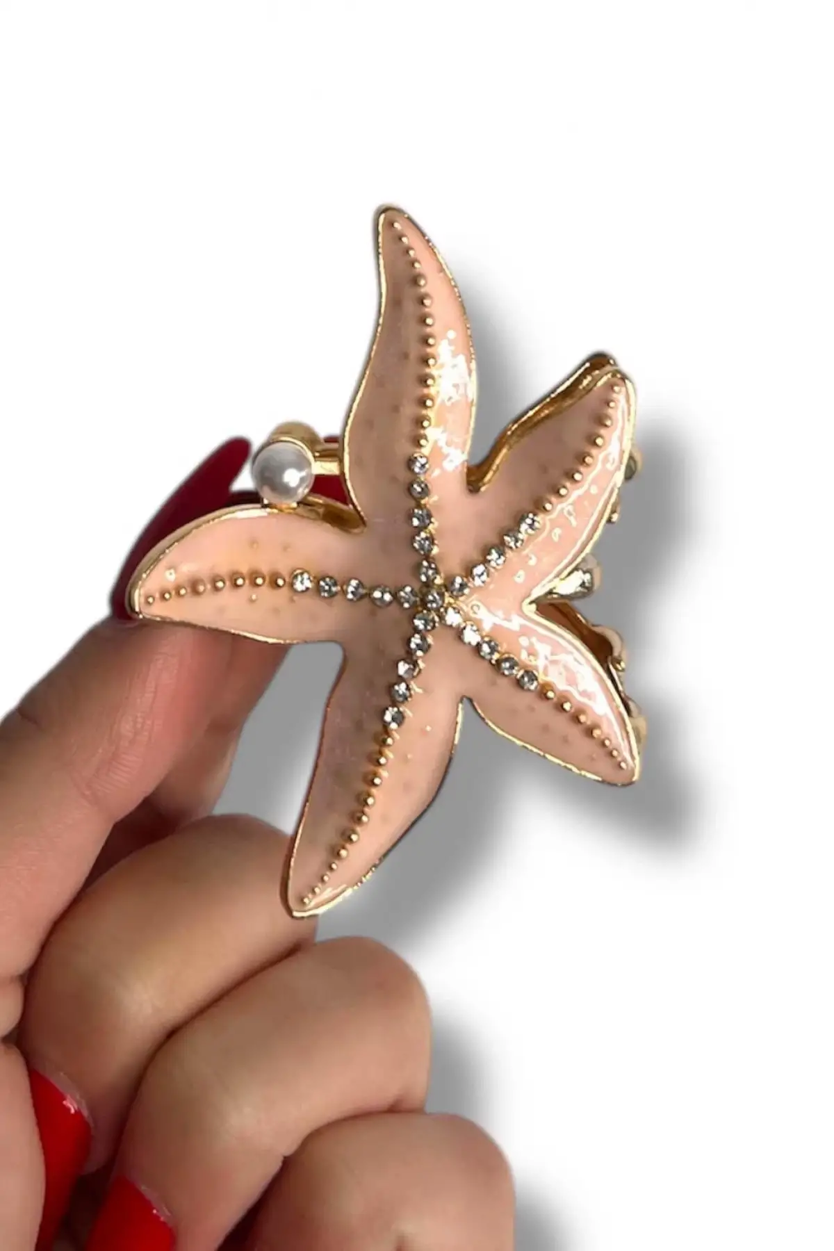 Pembe Renk Deniz Yıldızı Figürlü İnci Detaylı Metal Mandal Toka
