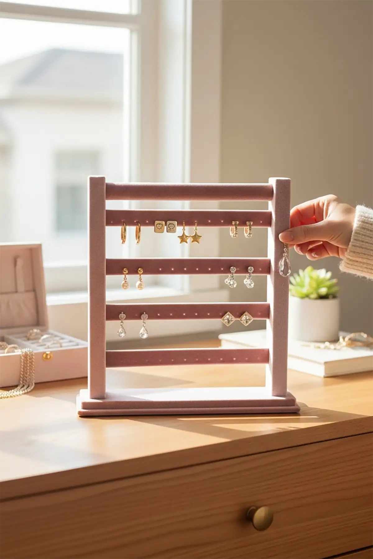 Pembe Renk Dört Katlı Küpe Düzenleyici / Organizer