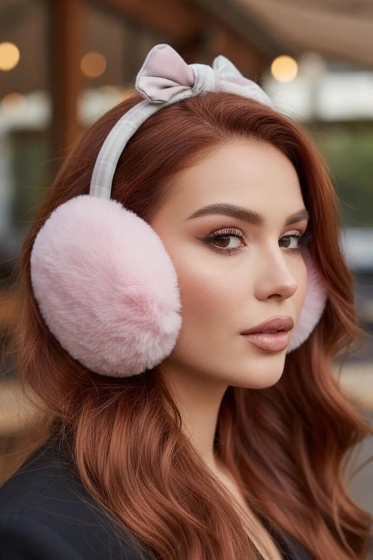 Pembe Renk Ekose Desenli Peluş Kulaklık