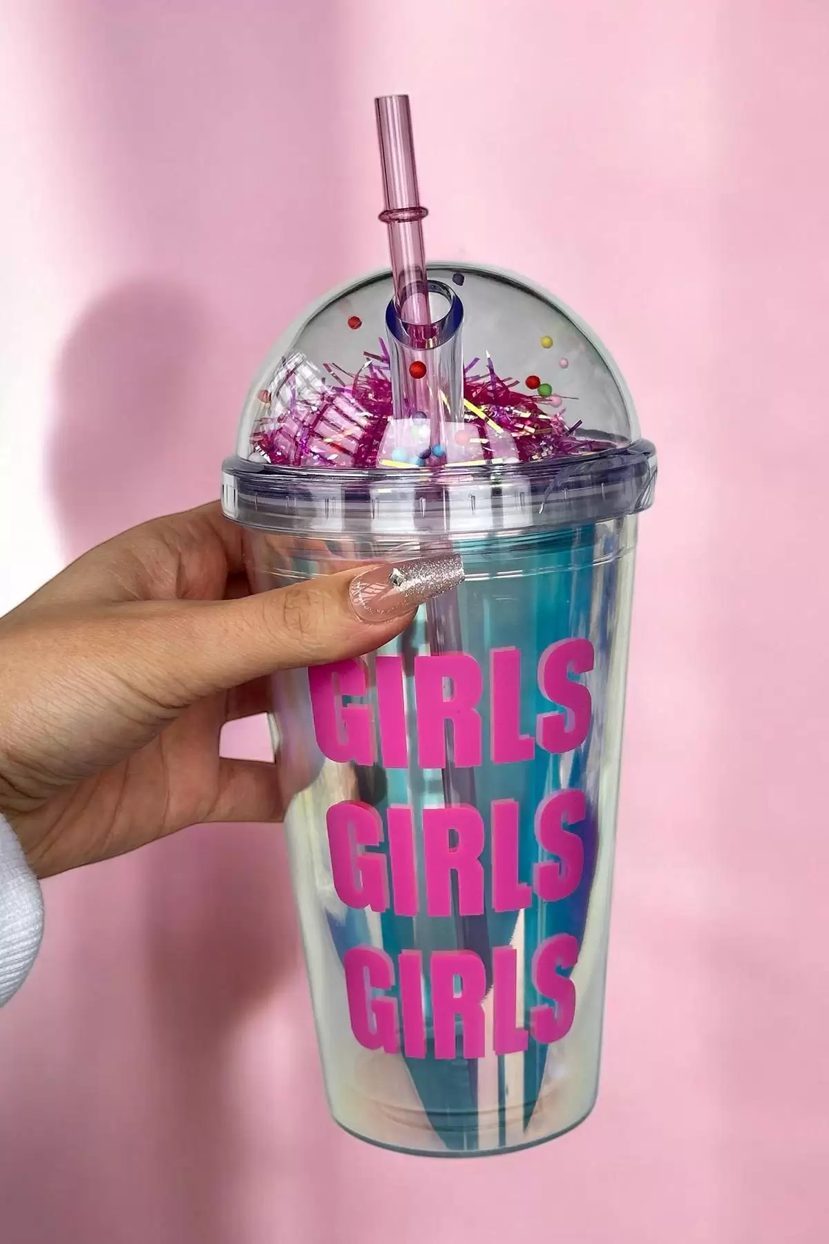 Pembe Renk Girls Yazılı Pipetli Suluk