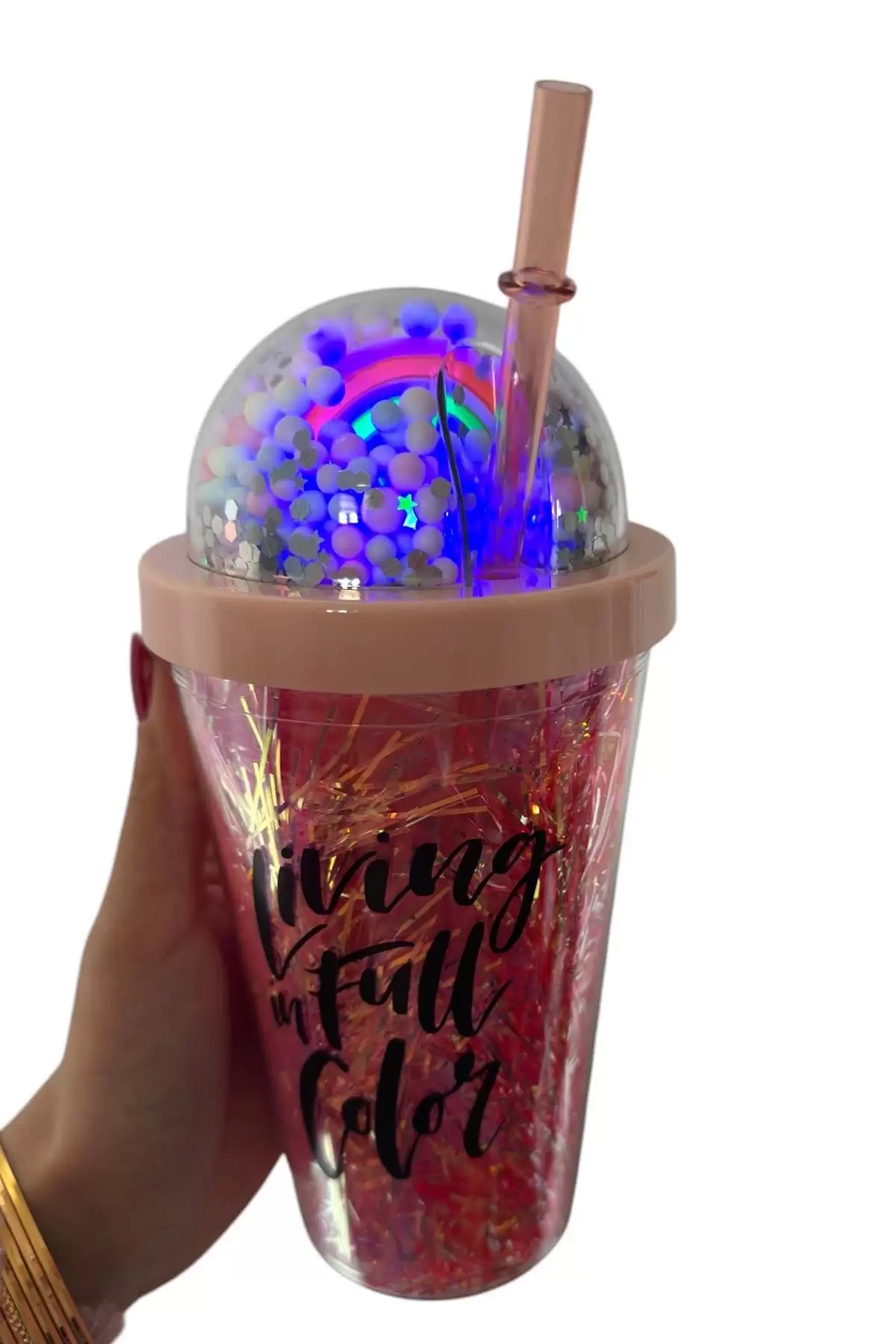 Pembe Renk Gökkuşağı Figürlü Pipetli Işıklı Suluk