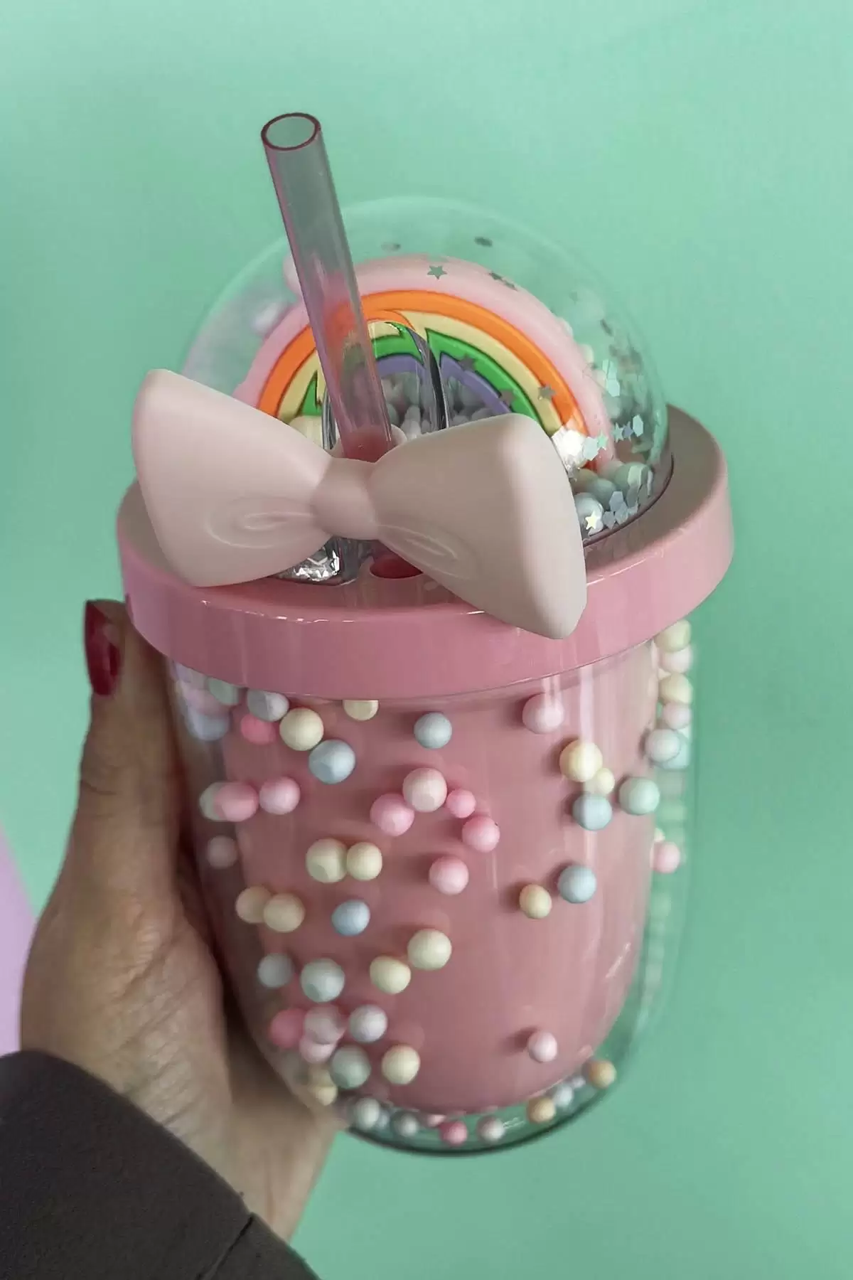 Pembe Renk Gökkuşağı Figürlü Pipetli Suluk