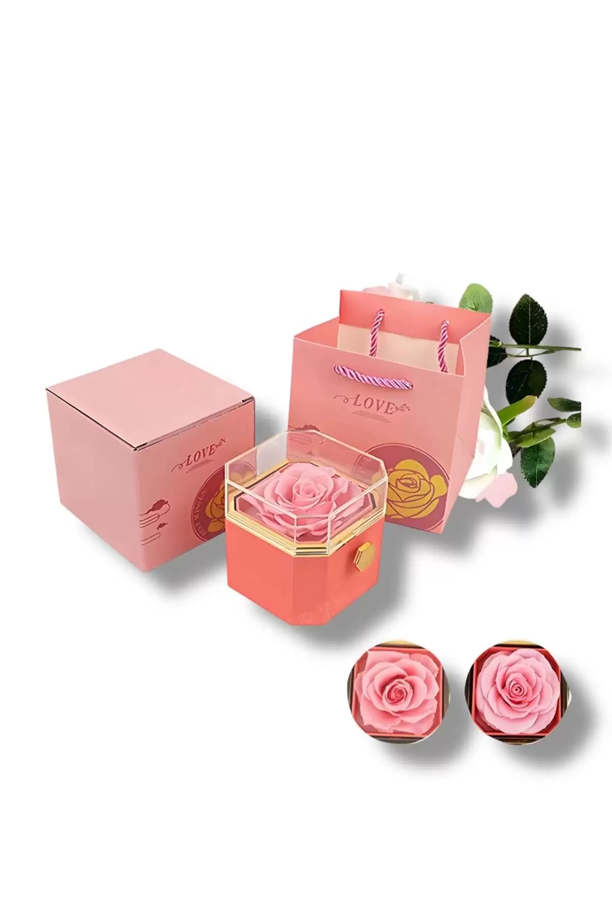 Pembe Renk Gül Figürlü Karton Çanta Hediyeli Hediye Kutusu