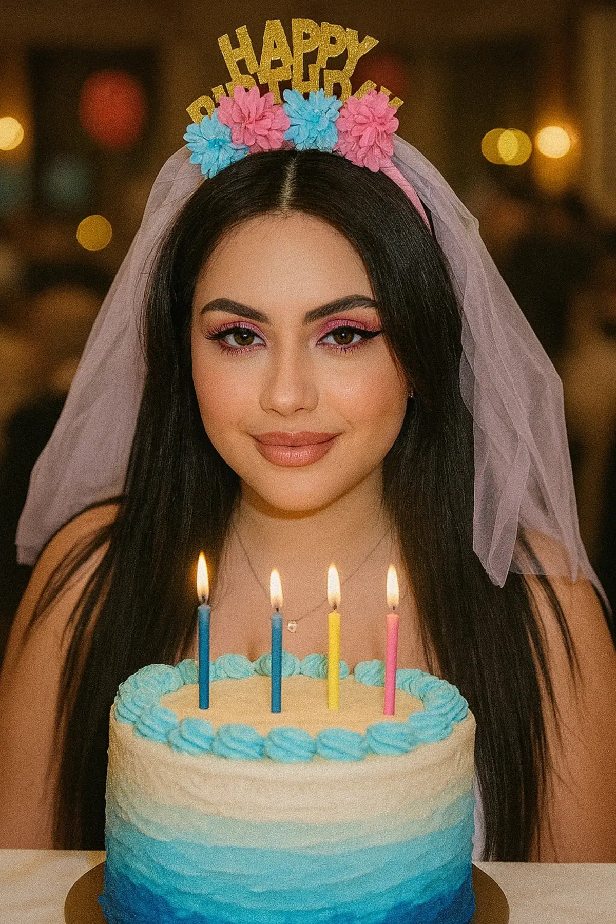 Pembe Renk Happy Birthday Yazılı Çiçek Figürlü Duvak Detaylı Taç