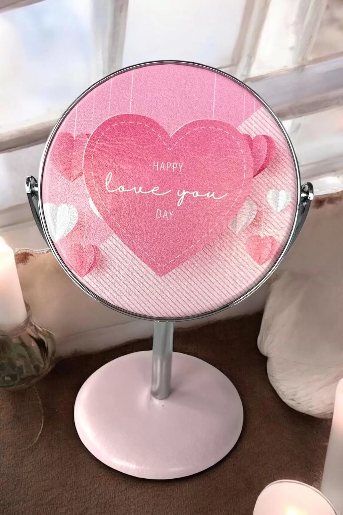 Pembe Renk Happy Love You Day Yazılı Dönebilen Masa Aynası