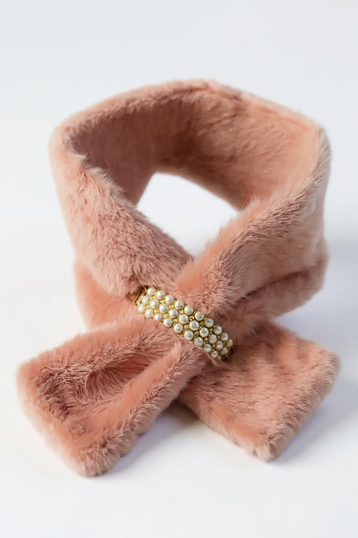 Pembe Renk İnci Detaylı Çocuk Peluş Atkı