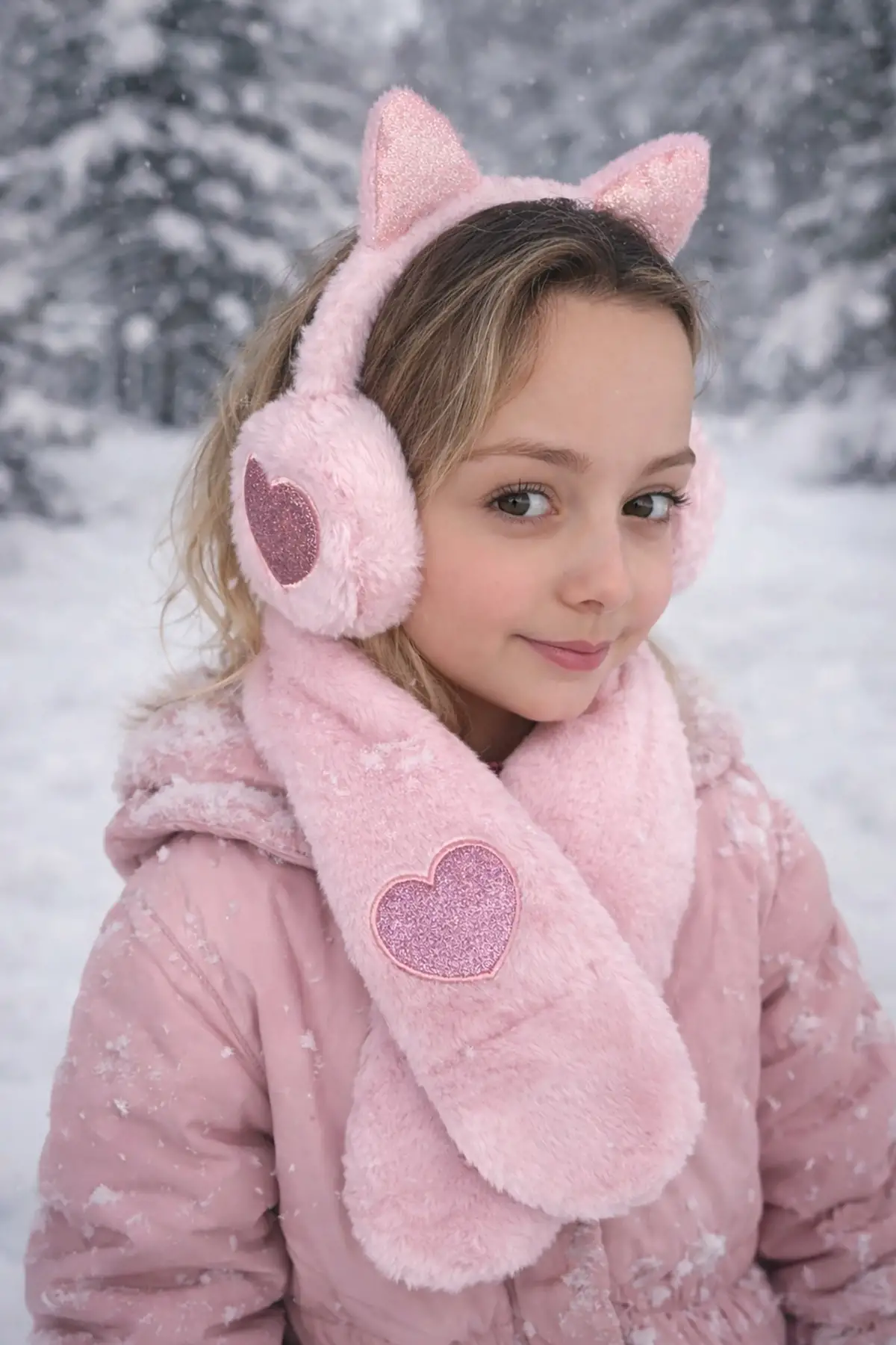 Pembe Renk Kalp Detaylı Peluş Atkı Ve Kulaklık Set