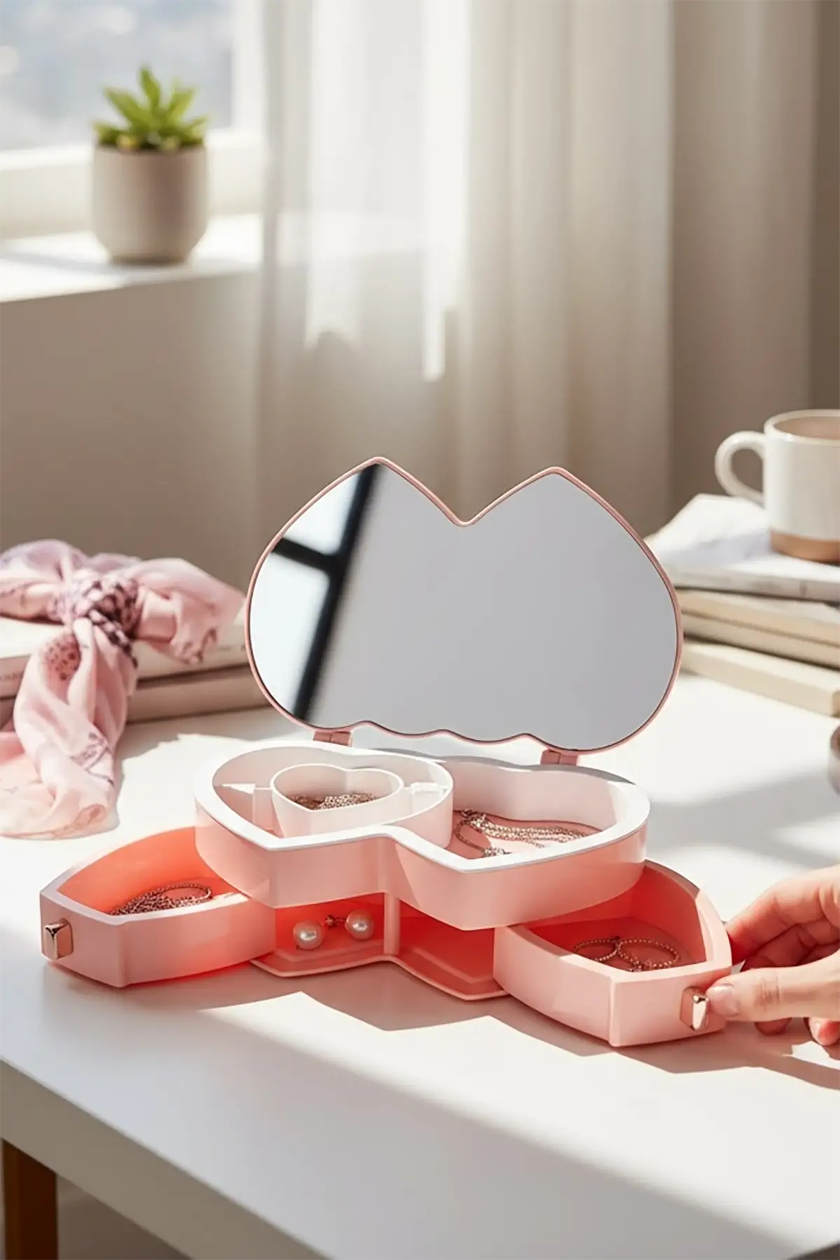 Pembe Renk Kalp Figürlü Aynalı Çekmeceli Takı Organizeri