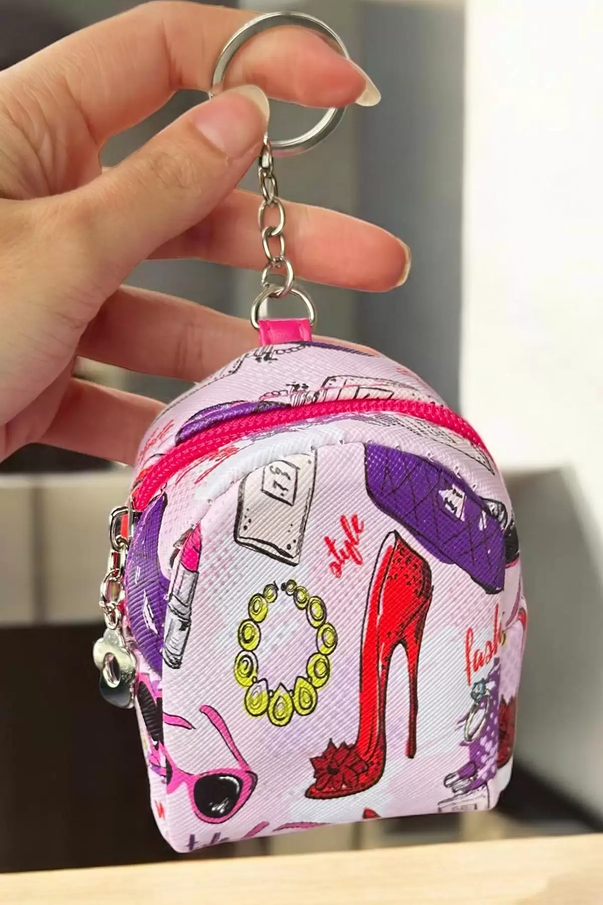 Pembe Renk Karışık Figürlü Anahtarlık Cüzdan