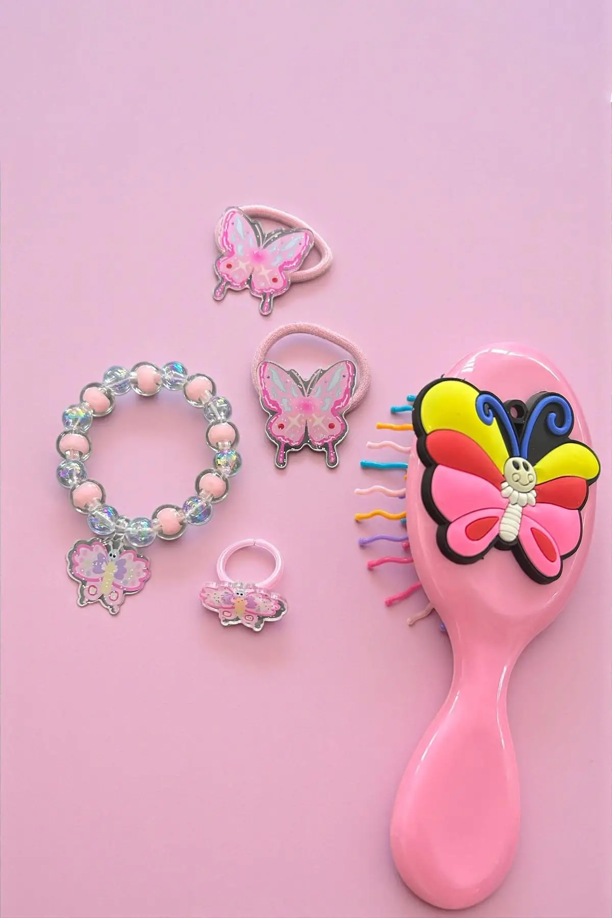 Pembe Renk Kelebek Figürlü Tarak /Bileklik /Yüzük Ve Toka Set