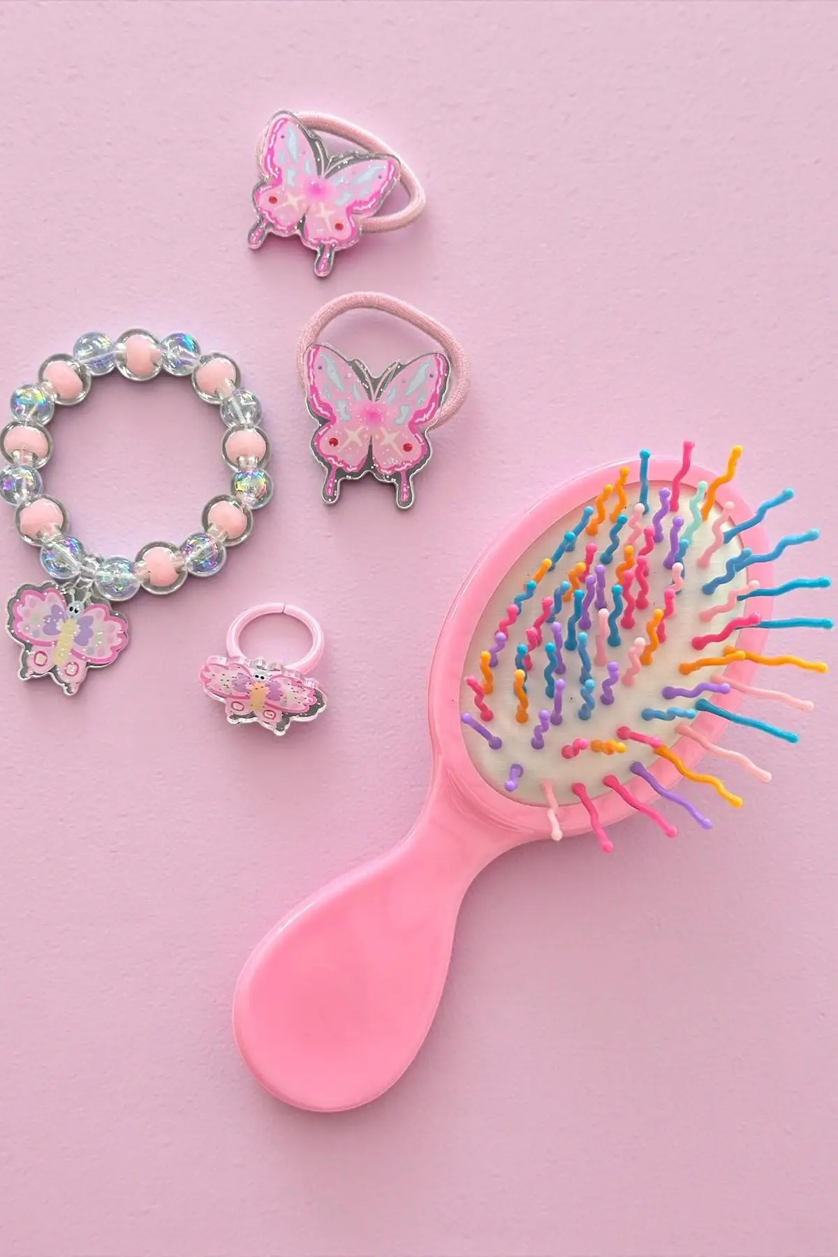 Pembe Renk Kelebek Figürlü Tarak /Bileklik /Yüzük Ve Toka Set