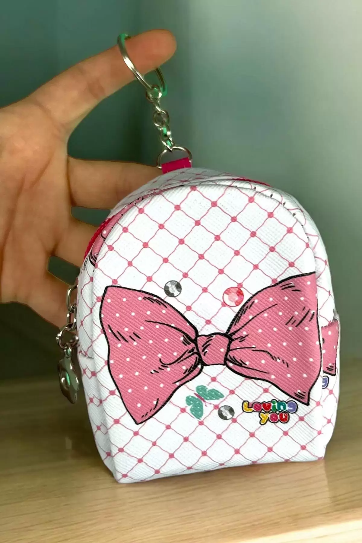 Pembe Renk Kurdele Figürlü Anahtarlık /Cüzdan