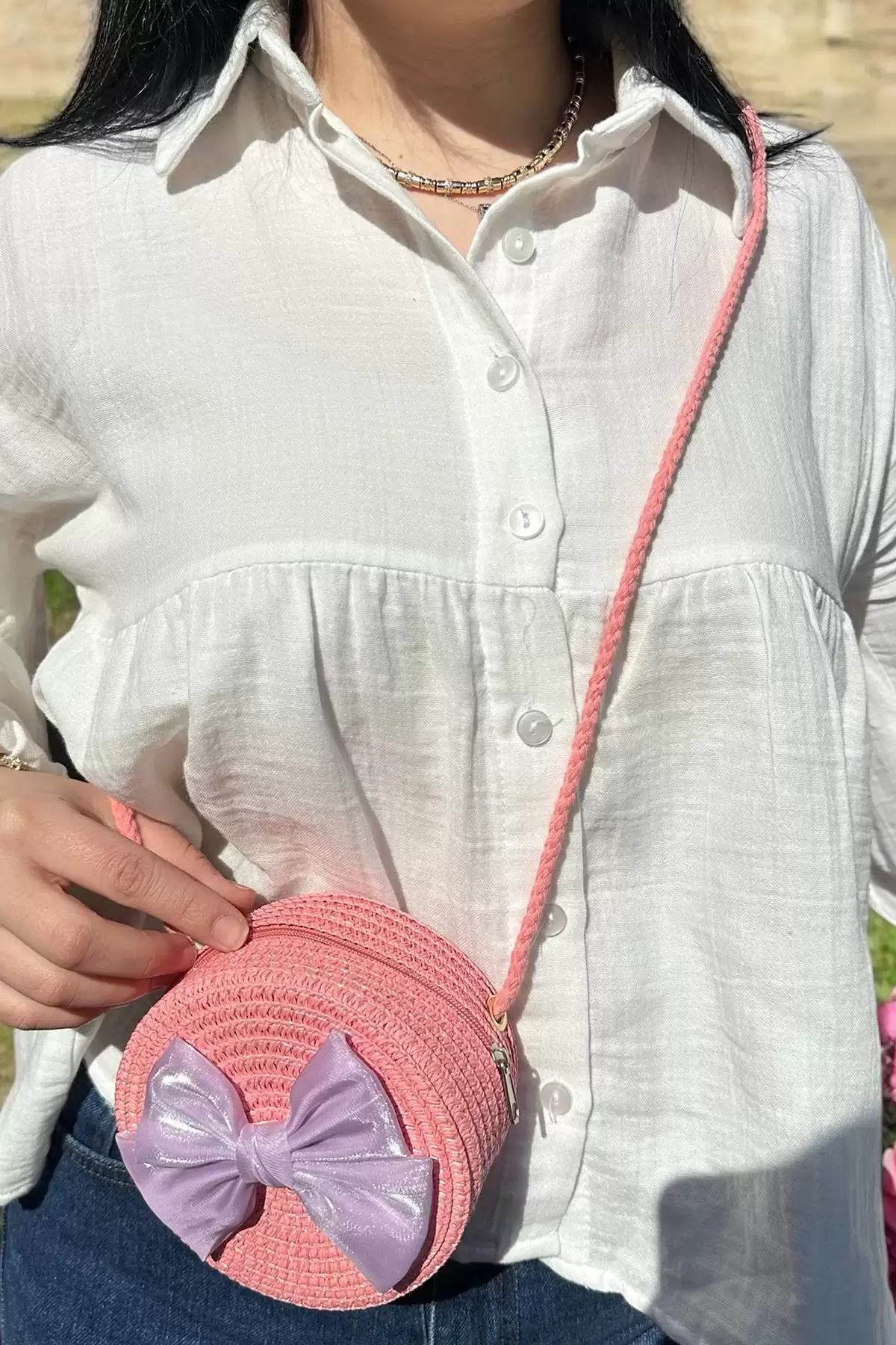 Pembe Renk Kurdele Figürlü Hasır Çocuk Çanta
