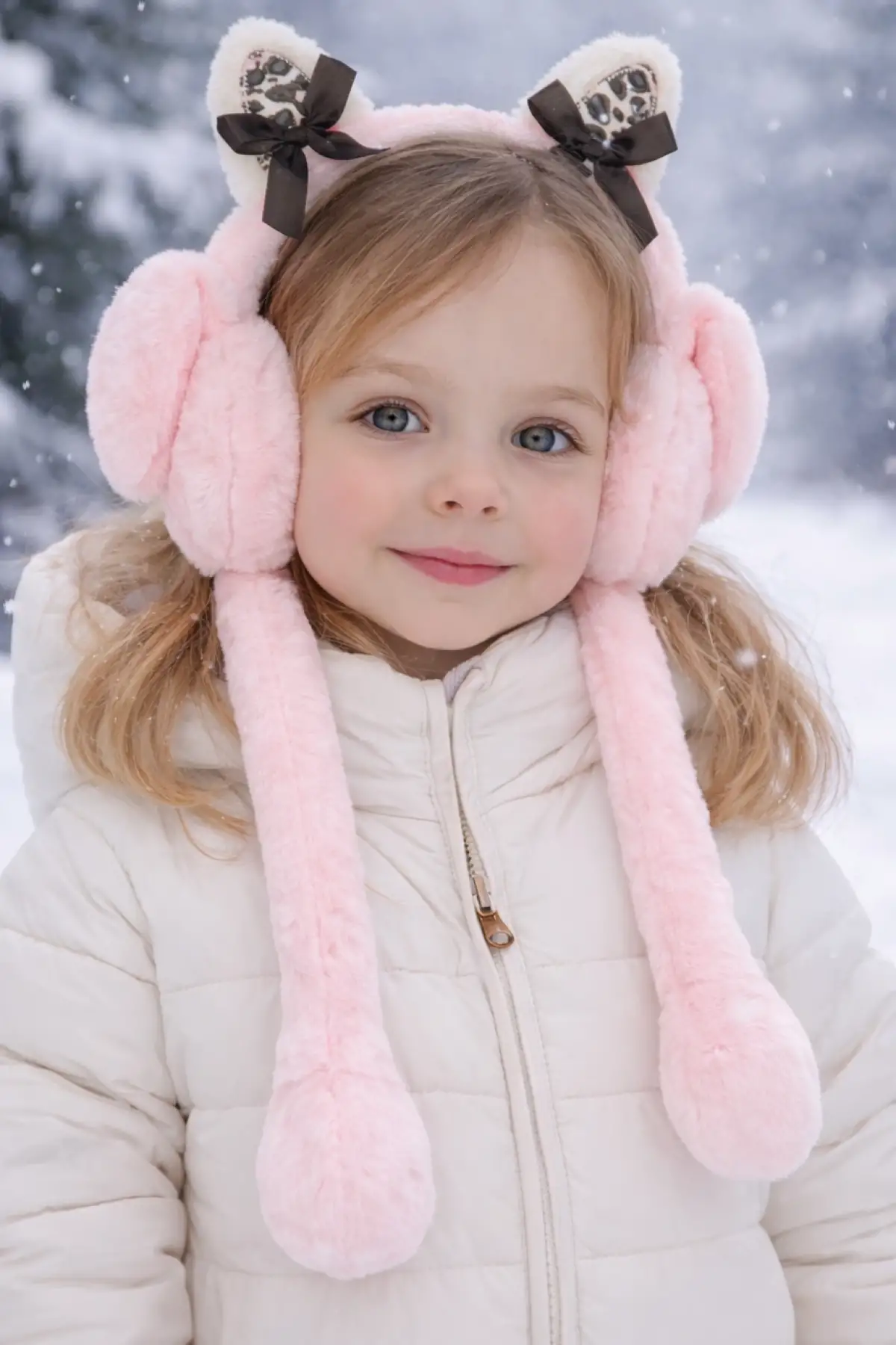 Pembe Renk Kurdele Figürlü Kulakları Oynayan Peluş Kulaklık