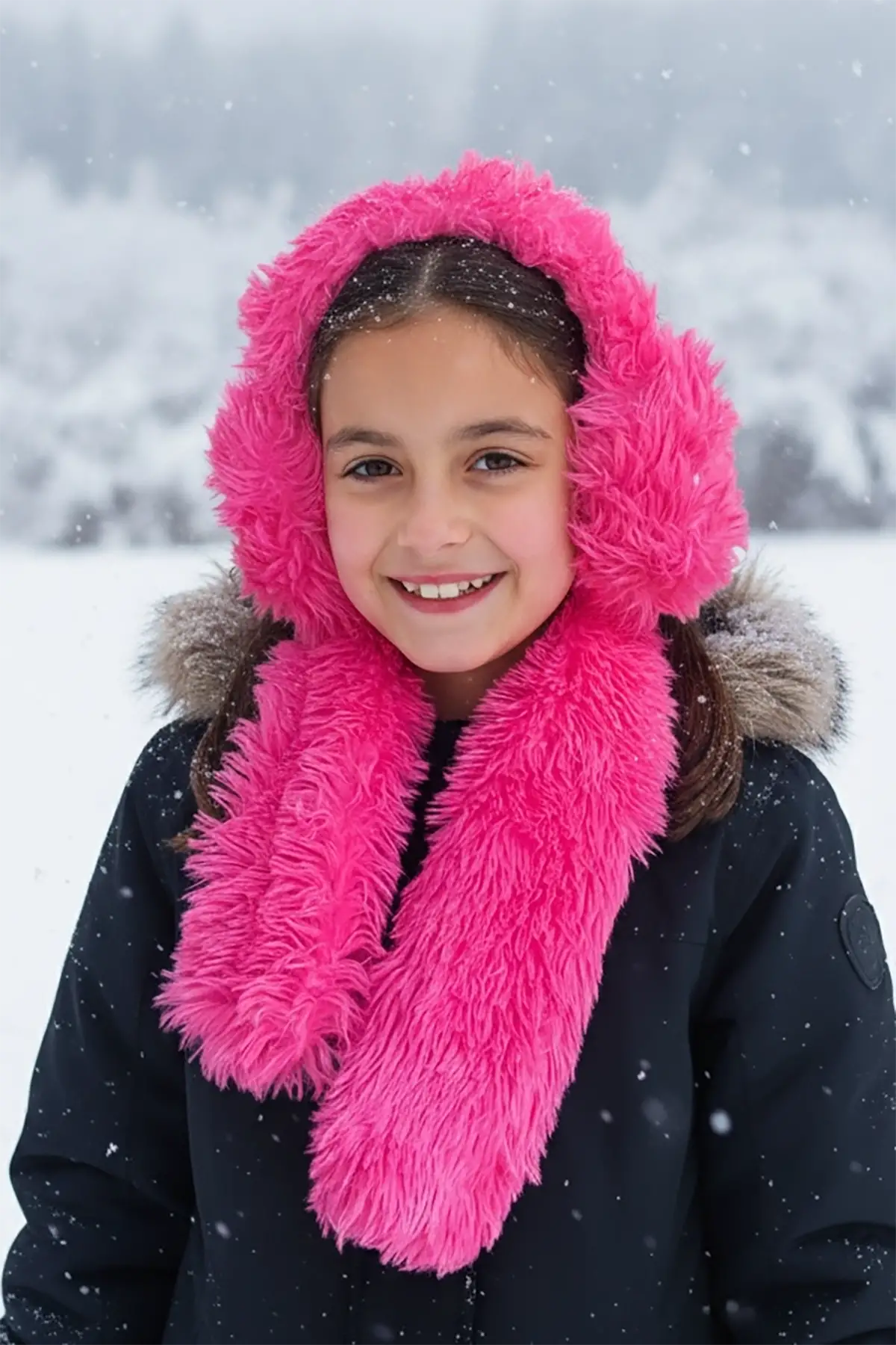 Pembe Renk Peluş Atkı Ve Kulaklık Set