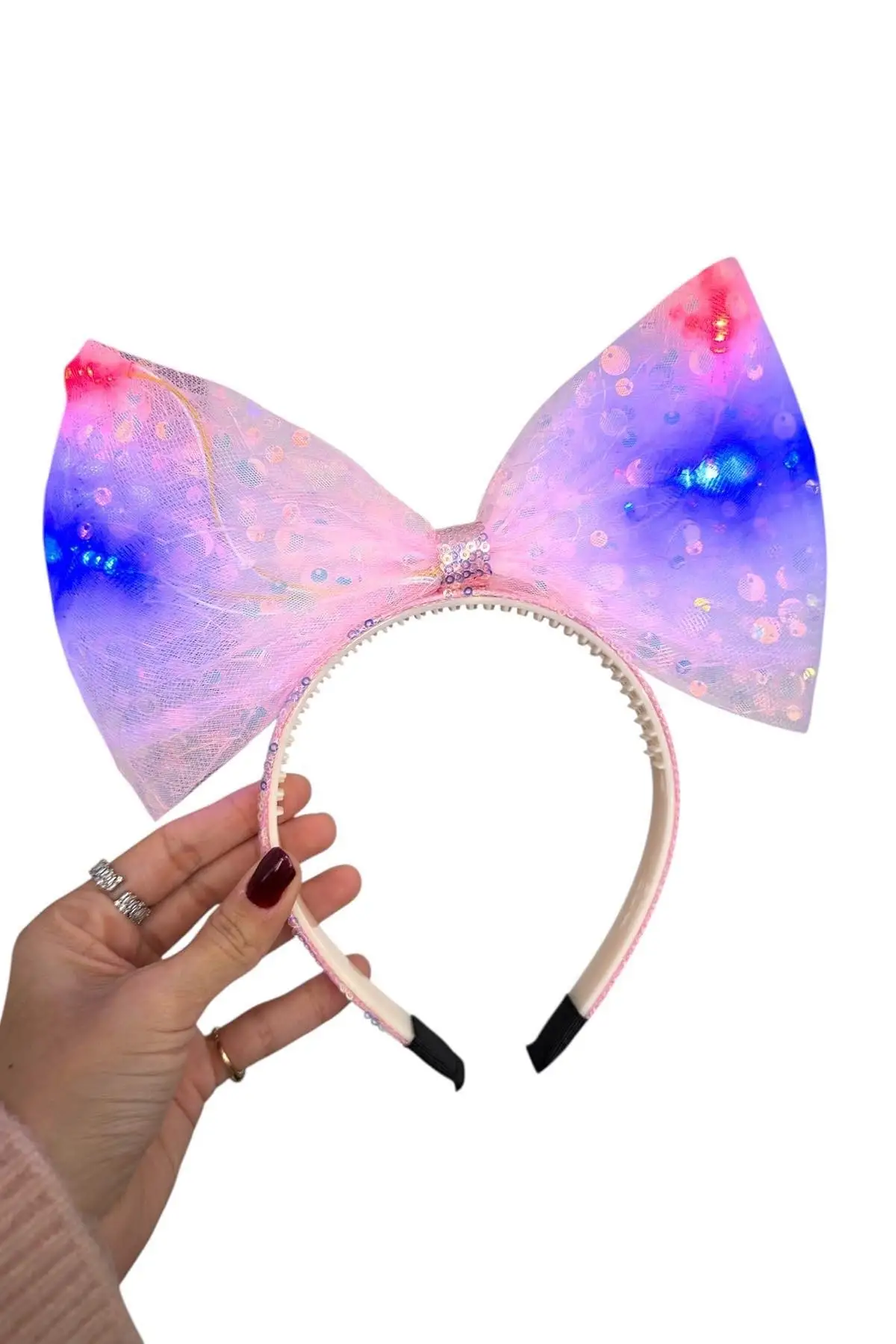 Pembe Renk Pullu Kurdele Figürlü Işıklı Taç