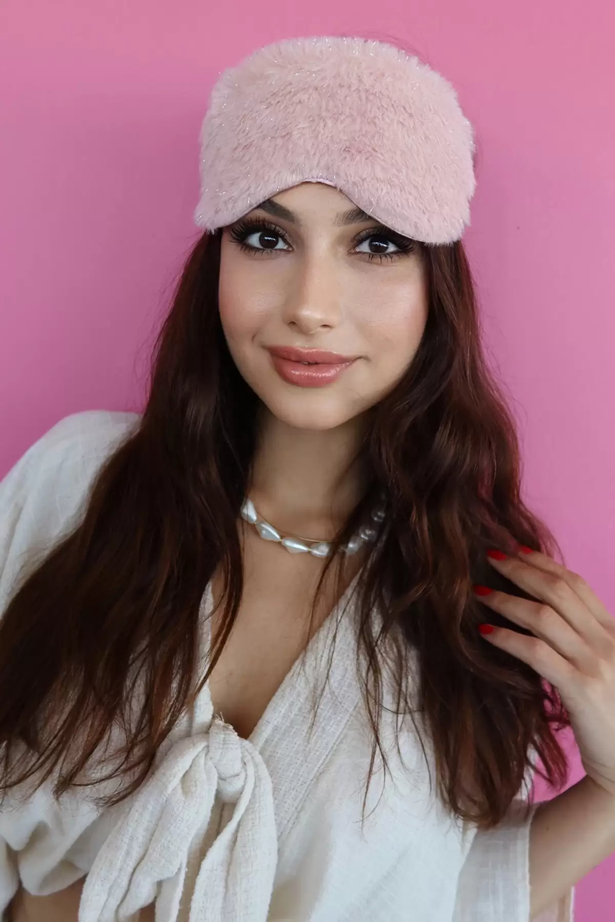 Pembe Renk Sim Detaylı Peluş Uyku Bandı
